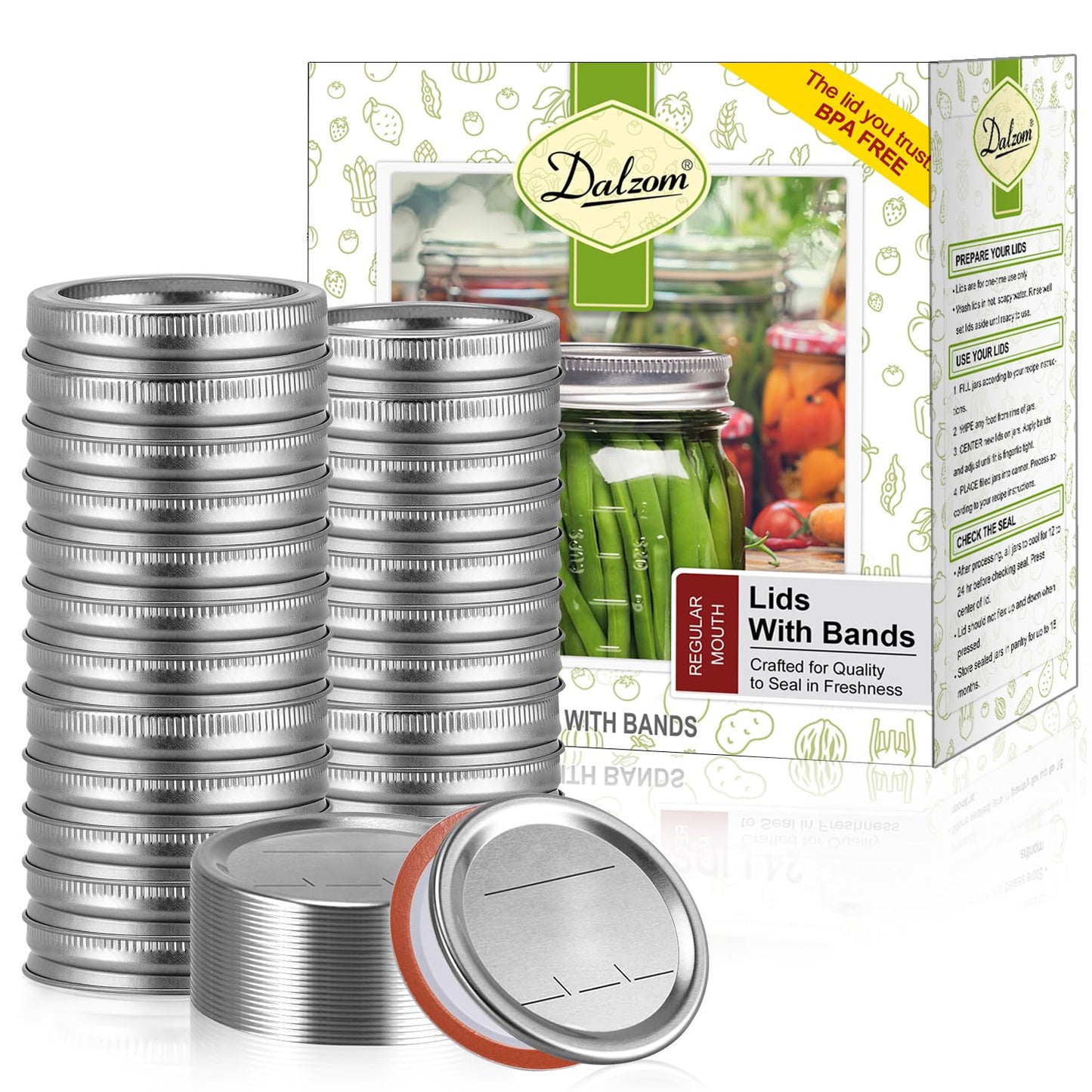 Dalzom® 144Pcs Canning Lids with Rings Regular Mouth, Premium Mason Jar Lids with Rings for Regular Mouth Ball, Kerr Jars - Food Grade Material, 100% Fit & Airtight for Regular Mouth Mason Jars