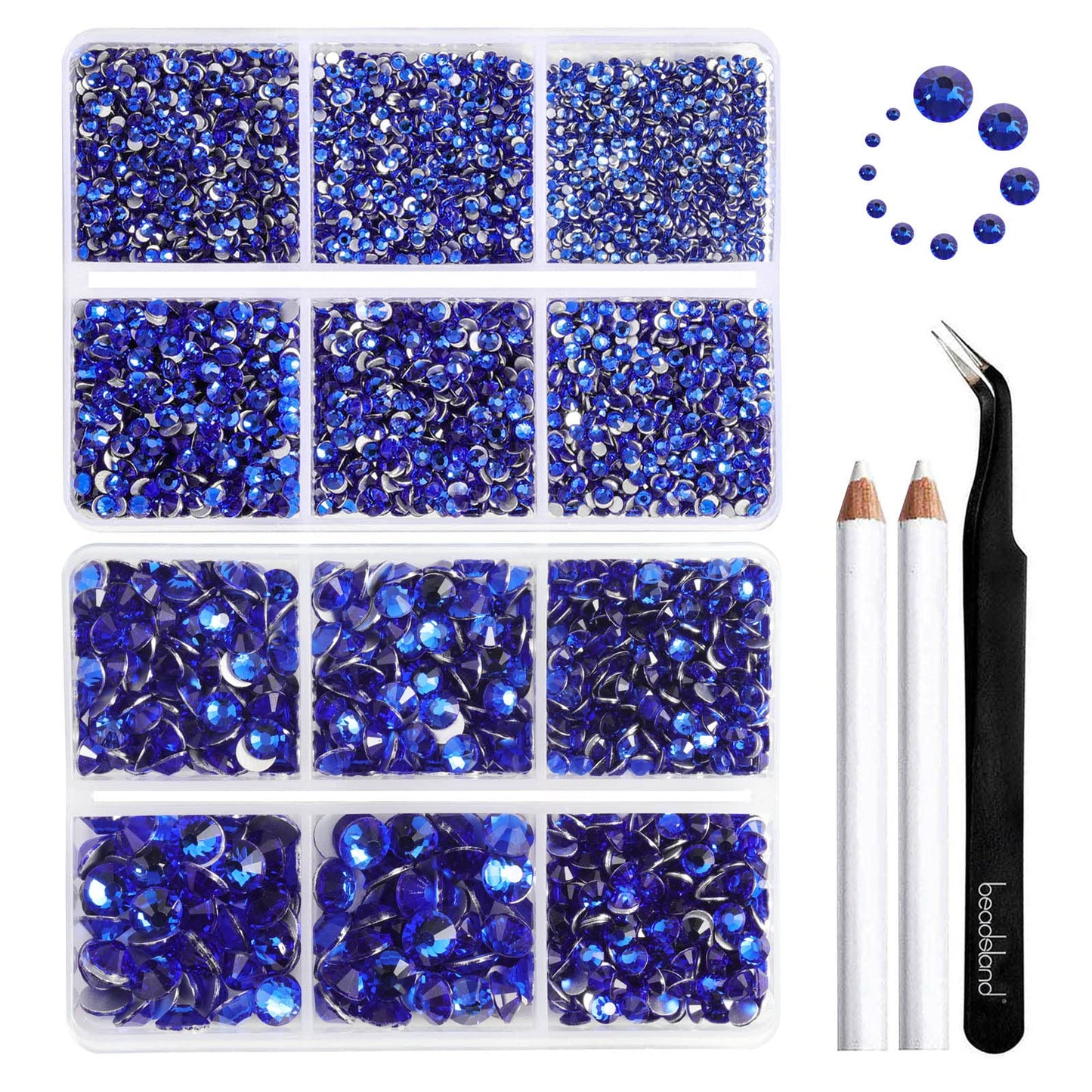 Beadsland 8300PCS Flatback Rhinestones, Royal Blue Rhinestone Round Crystal Rhinestones for Crafts, Mixed 10 Sizes with Wax Pencil and Tweezer Kit, SS3-SS30, Sapphire