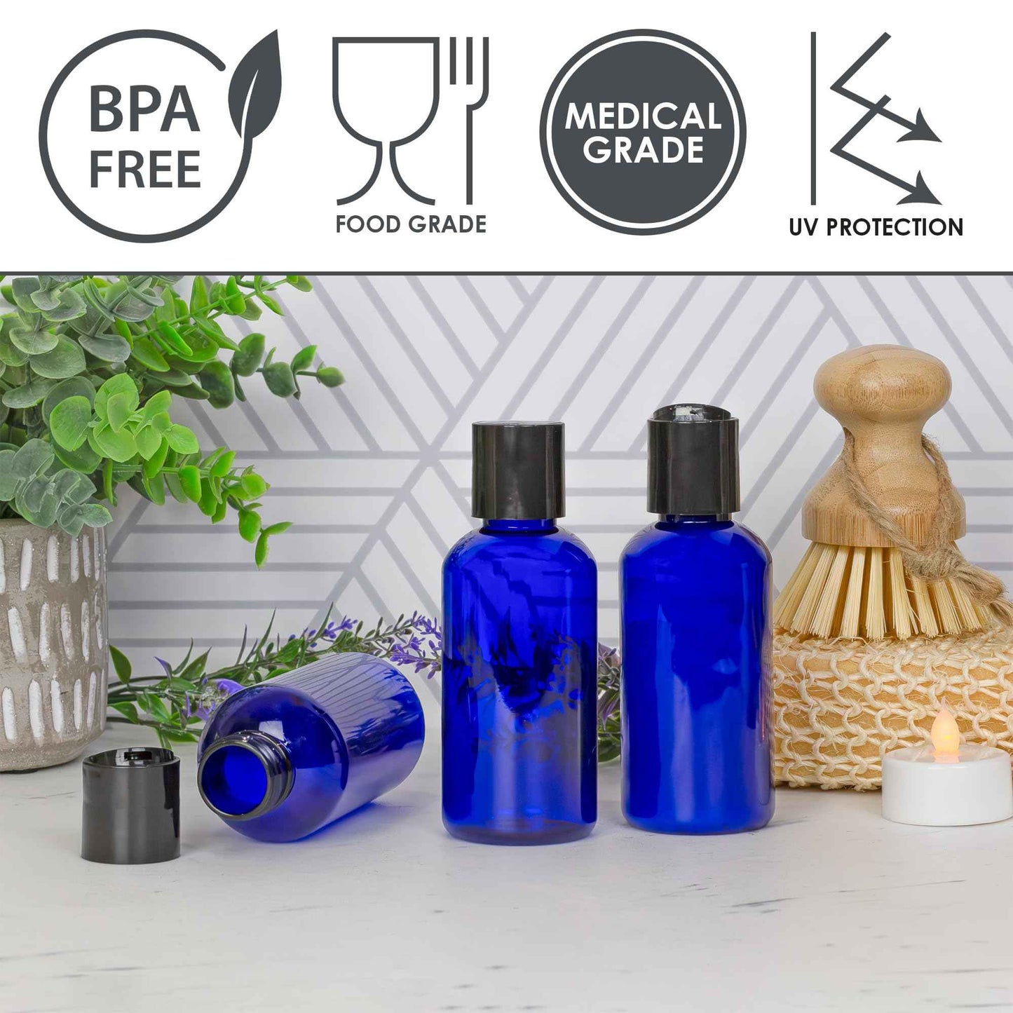 Cornucopia Brands 4oz Empty Cobalt Blue Plastic Squeeze Bottles with Disc Top Flip Cap (Pack of 6) BPA-Free Containers For Shampoo, Lotions, Liquid Body Soap, Creams