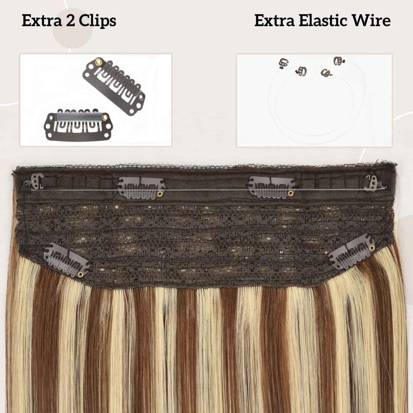 Wire Hair Extensions Real Human Hair One Hairpiece for a Full Head with Invisible Fish Line Brown Highlighted Golden Blonde 14 Inch 80g #4/613 Fish Wire Hair