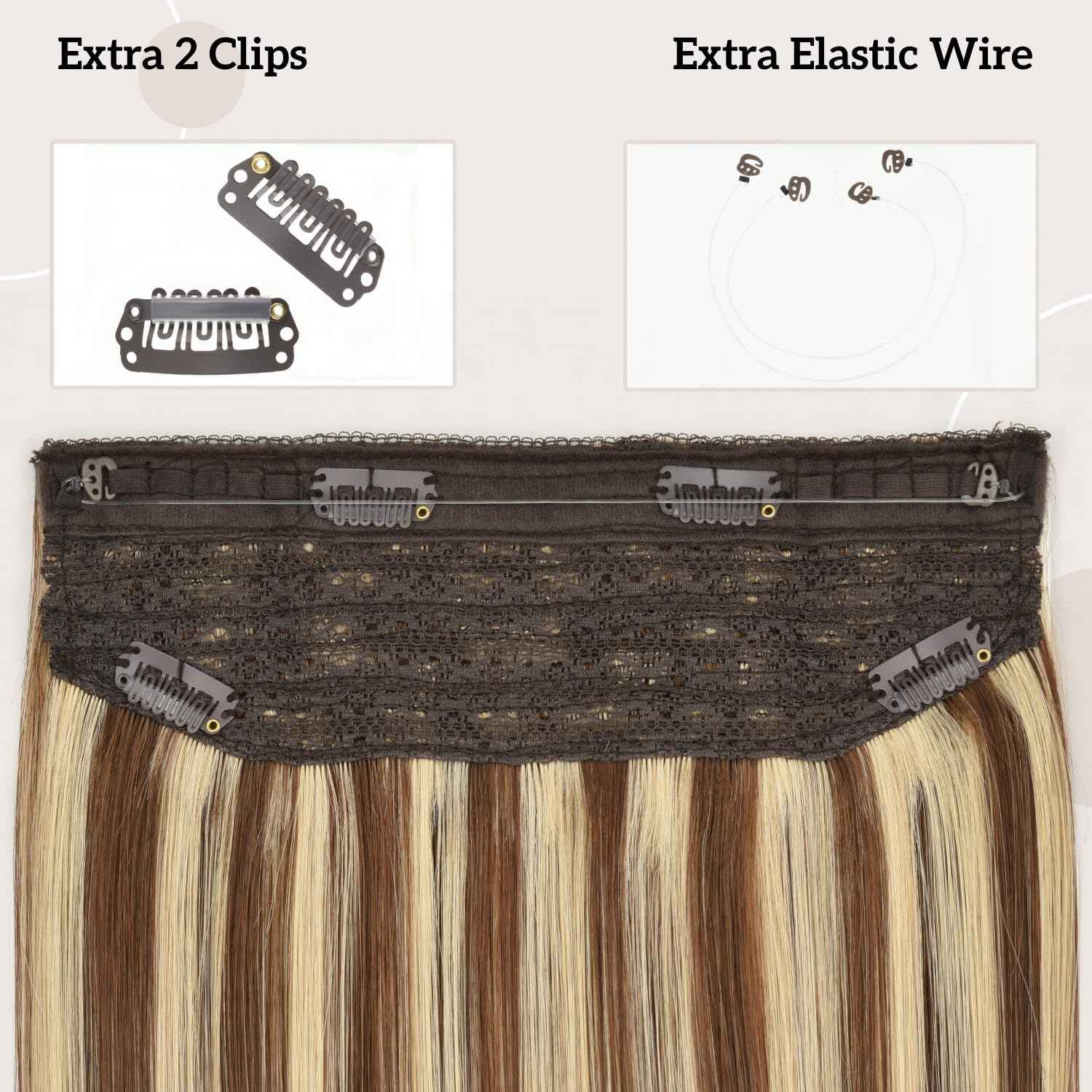 Wire Hair Extensions Real Human Hair One Hairpiece for a Full Head with Invisible Fish Line Brown Highlighted Golden Blonde 14 Inch 80g #4/613 Fish Wire Hair