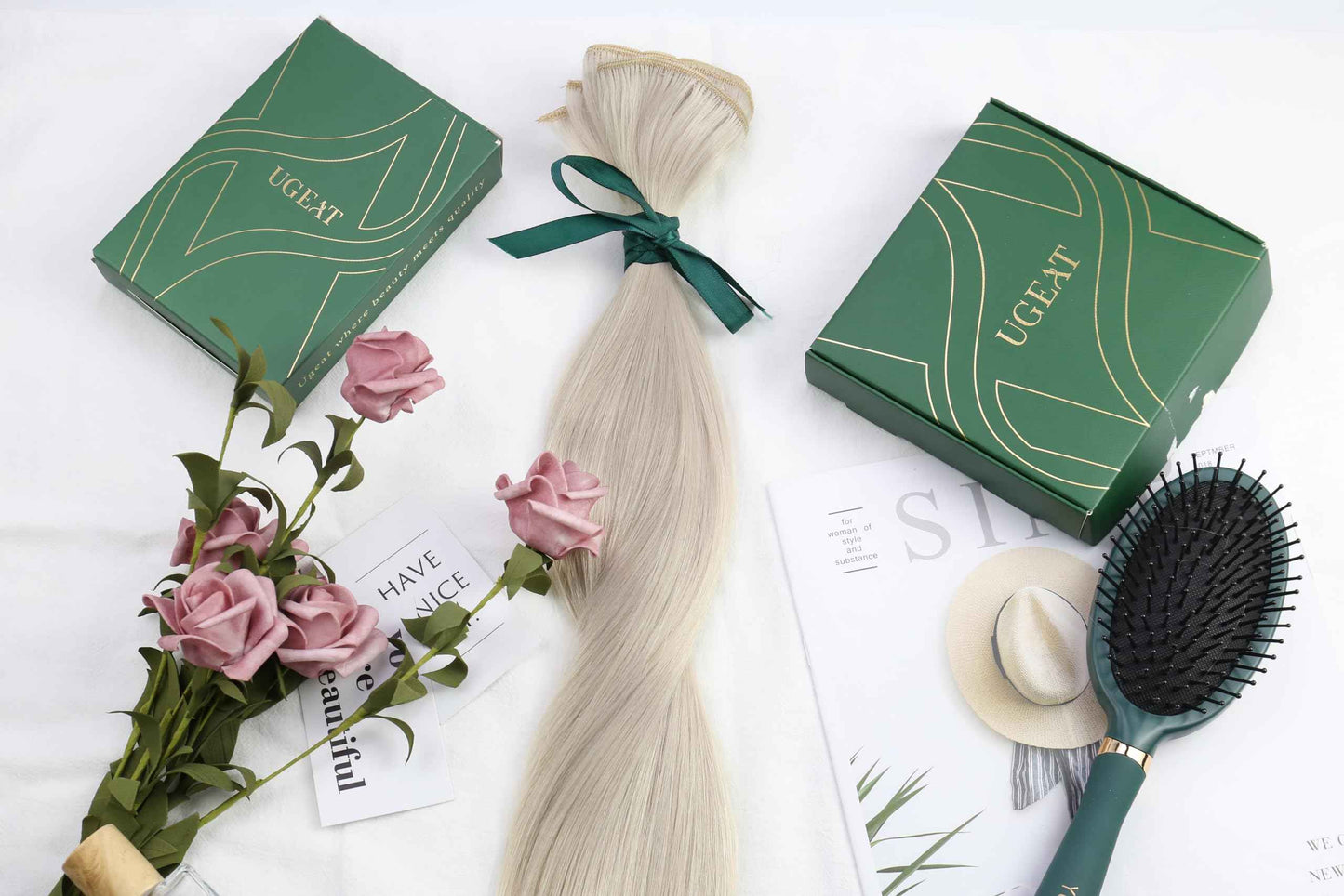 Ugeat Platinum Blonde Sew in Hair Extensions Blonde Weft Hair Extensions Real Human Hair Sew in Extensions for Women Remy Invisible Double Weft Short Length 14 Inch 80G