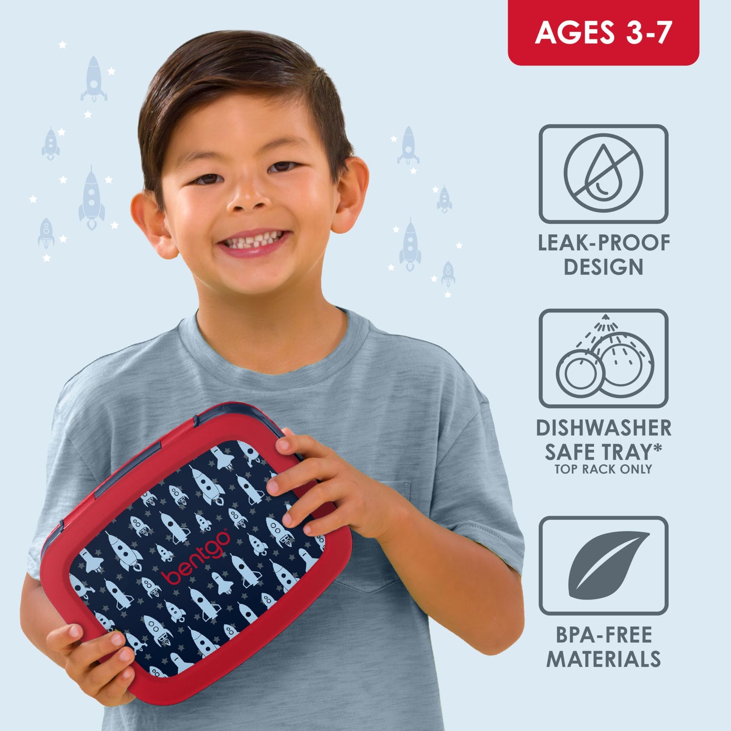 Bentgo Kids Prints Leak-Proof, 5-Compartment Bento-Style Kids Lunch Box - Ideal Portion Sizes for Ages 3-7, Durable, Drop-Proof, Dishwasher Safe, & Made with BPA-Free Materials (Rocket)