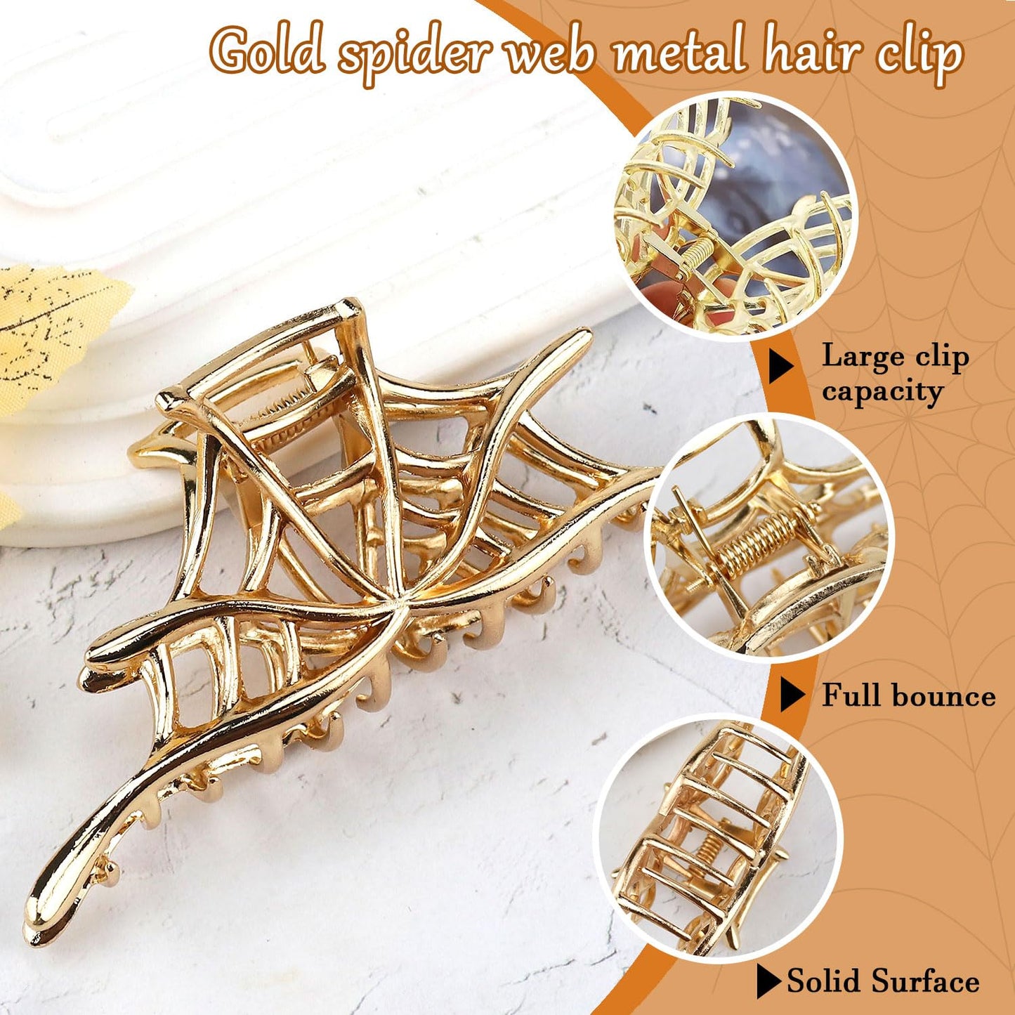 Metal Gold Spider-Web Hair Claw Clips for Women - No Slip Clamp for Thick or Thin Hair, Fashion Jaw Hair Clips