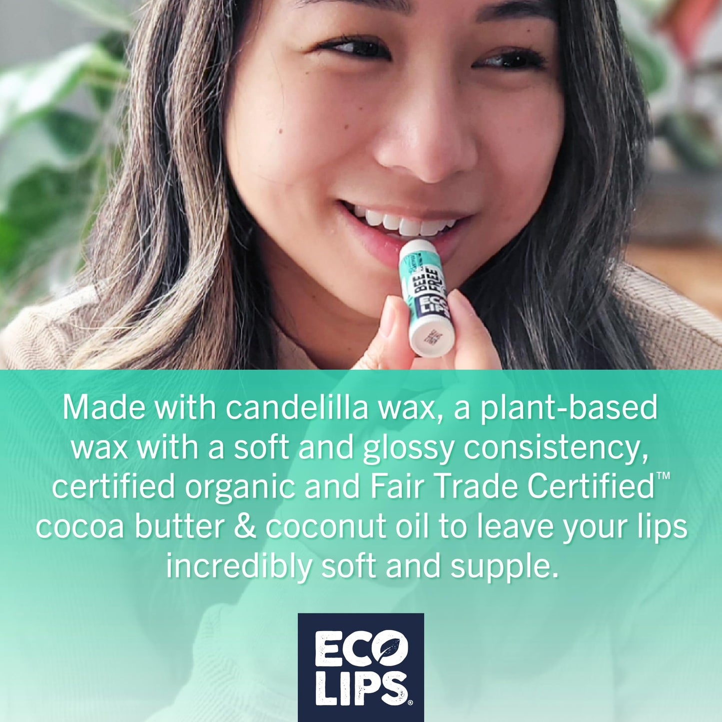 Vegan Lip Balm Sweet Mint by Eco Lips flavor 3 Pack Natural Bee Free with Candelilla Wax, Organic Cocoa Butter, & Coconut Oil Lip Care. 100% Plastic-Free Plant Pod Packaging - Made in USA