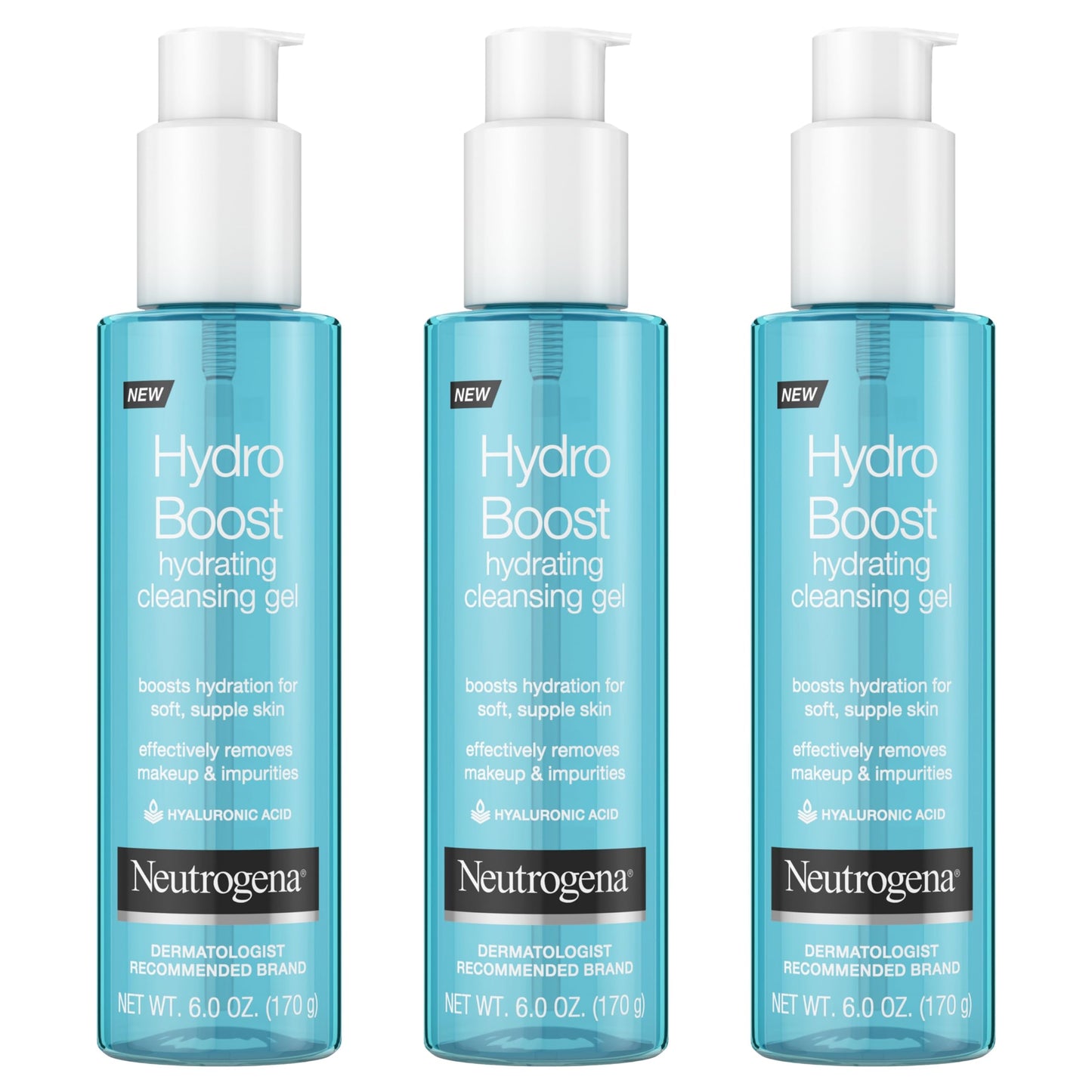 Neutrogena Hydro Boost Lightweight Hydrating Facial Cleansing Gel, Gentle Face Wash & Makeup Remover with Hyaluronic Acid, Hypoallergenic & Non Comedogenic, 6 oz, Pack of 3