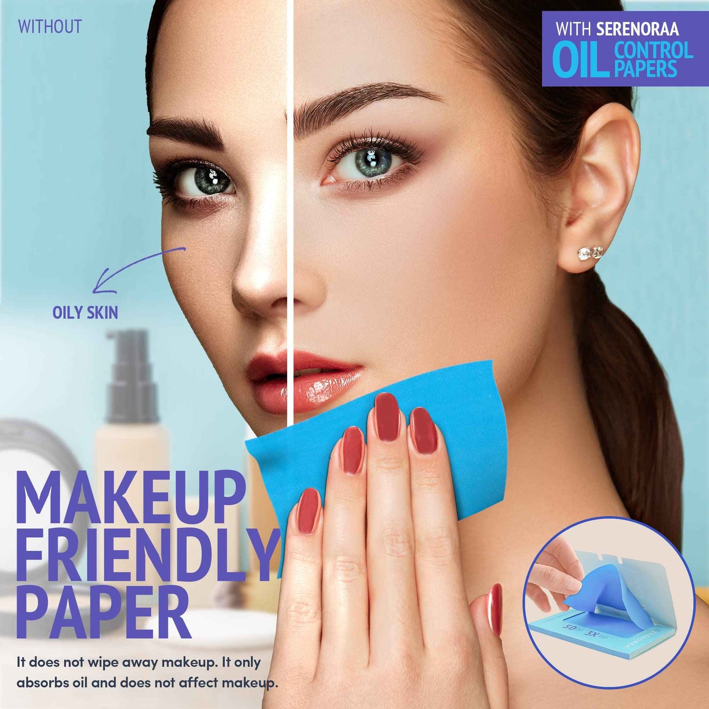 Blue Oil Wipes - Portable Face Blotting Sheets - Japanese High Performance Technology - Grain Free Softer Oil Pads - 50 Sheets