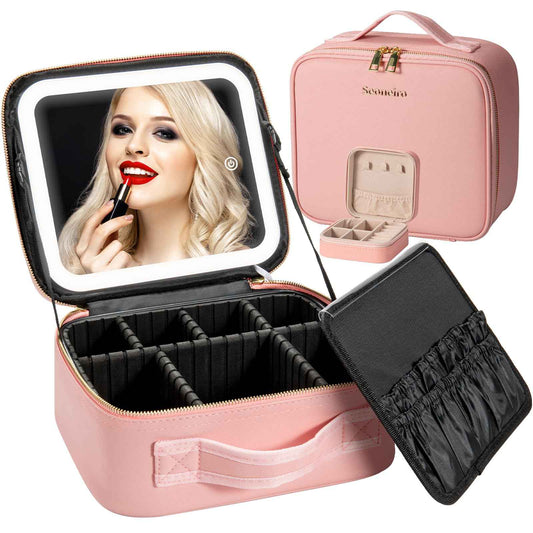 Seoneiro Makeup Travel Bag with LED Lighted Mirror Adjustable Brightness Portable Waterproof Makeup Case with Adjustable Dividers, Make up Train Case Organizer Makeup Brush Accessories and Tool Case