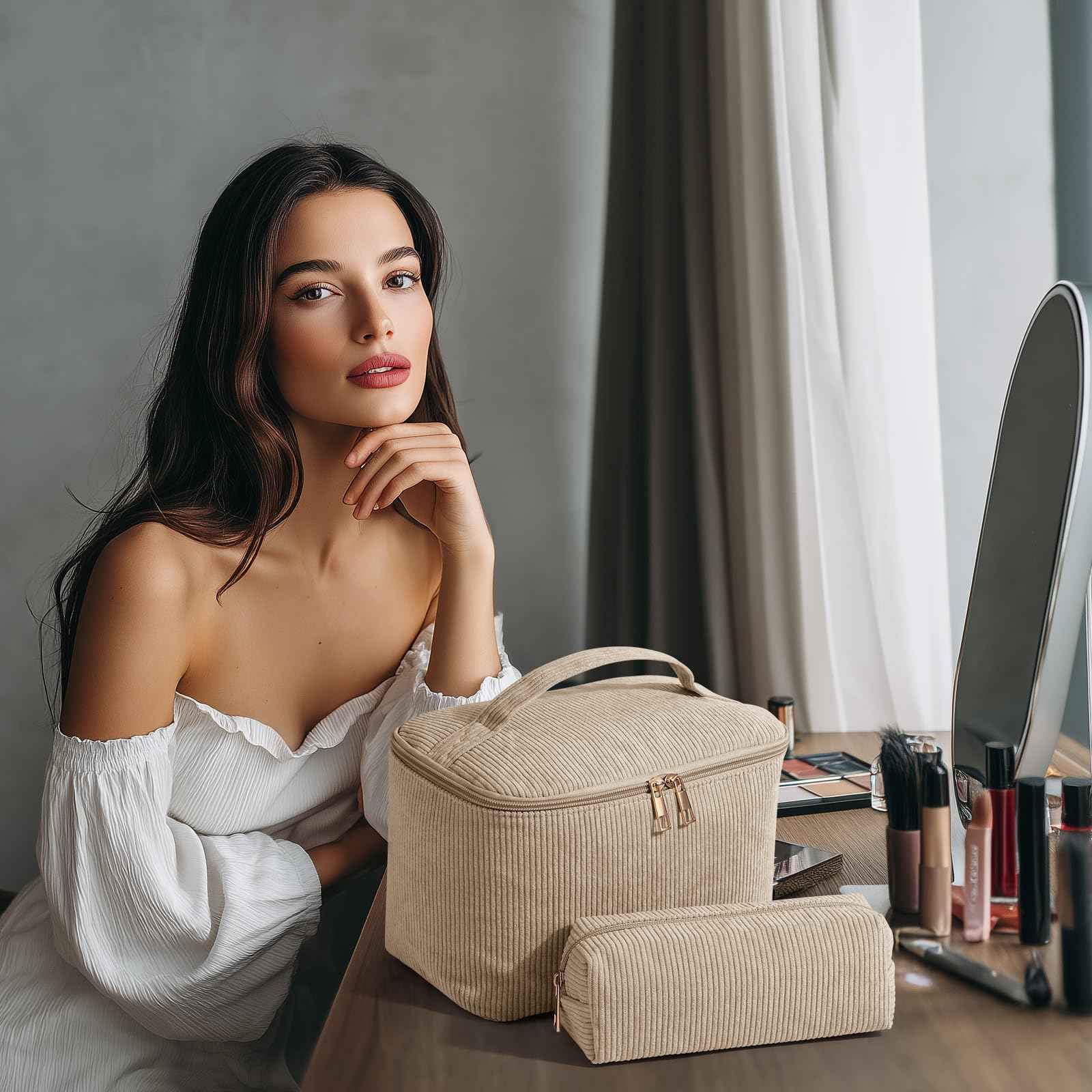 MAGEFY 2Pcs Makeup Bag,Cosmetic Bag Large Capacity with Handle Small Makeup Bag for Purse, Travel Makeup Pouch for Women,Beige