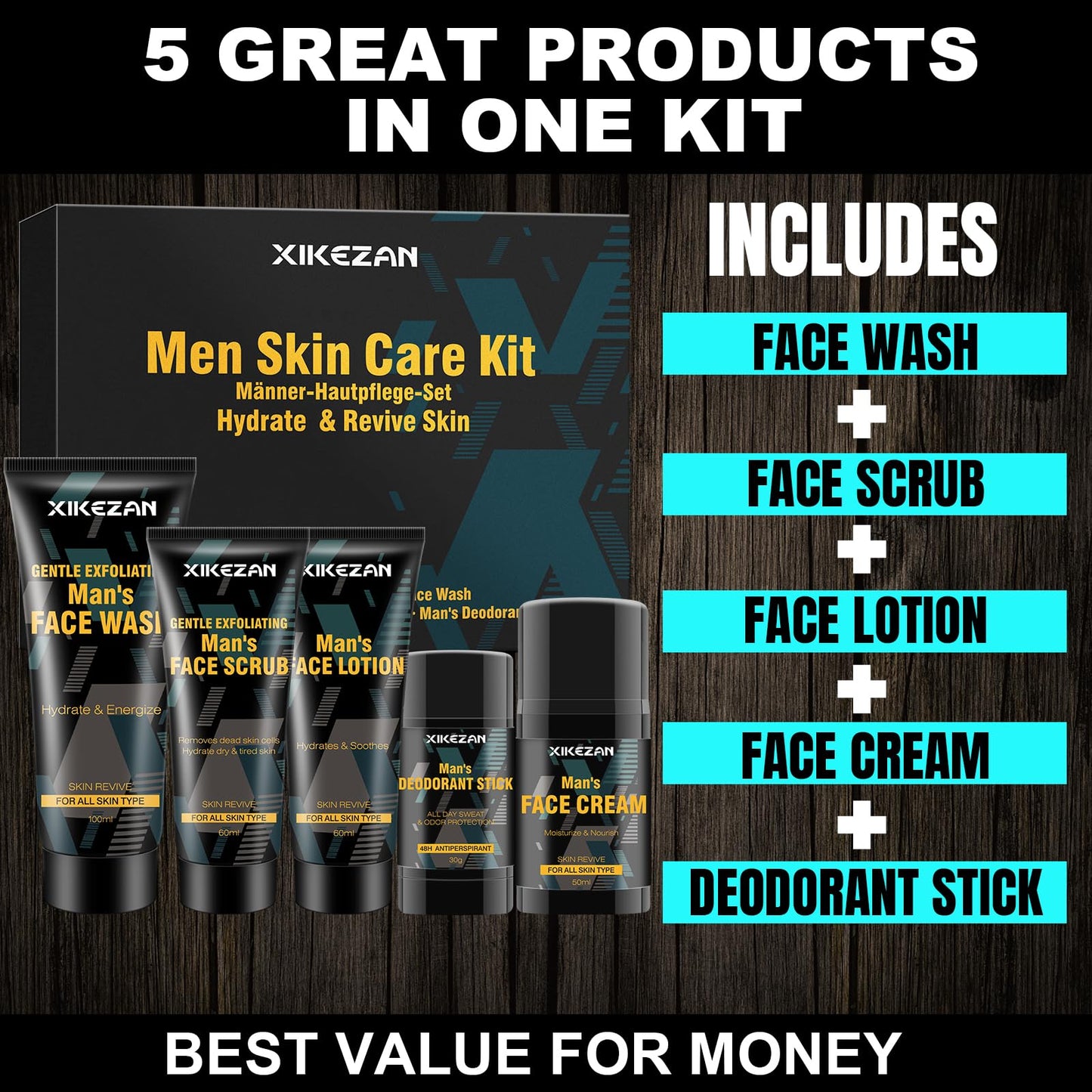 Mens Gifts for Men,Mens Skin Care Kit,Nourishe & Hydrate Skin w/Face Wash,Scrub,Lotion,Cream,Deodorant,Mens Stocking Stuffers for Men,Unique Christmas Gifts for Men Him Dad Husband Boyfriend Teen Boy