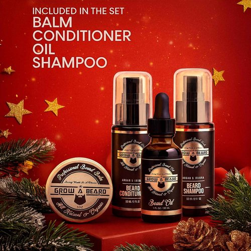 Beard Straightener Grooming Kit for Men, Beard Growth Kit, Wash, Brush & Comb, Unscented Growth Oil, All Natural Sandalwood Balm, Conditioner, Razor & Scissors, Great Gift Idea for Men's (Black)