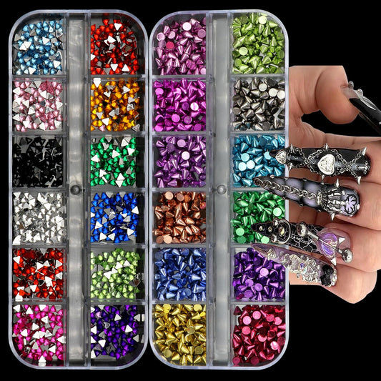 YAEISM 2 Box Punk Nail Charms 12Grid Cone Metalic Spike Studs Gothic Nail Art Mix Color Triangular Rhinestone Nail Studs for DIY Crafts Decoration