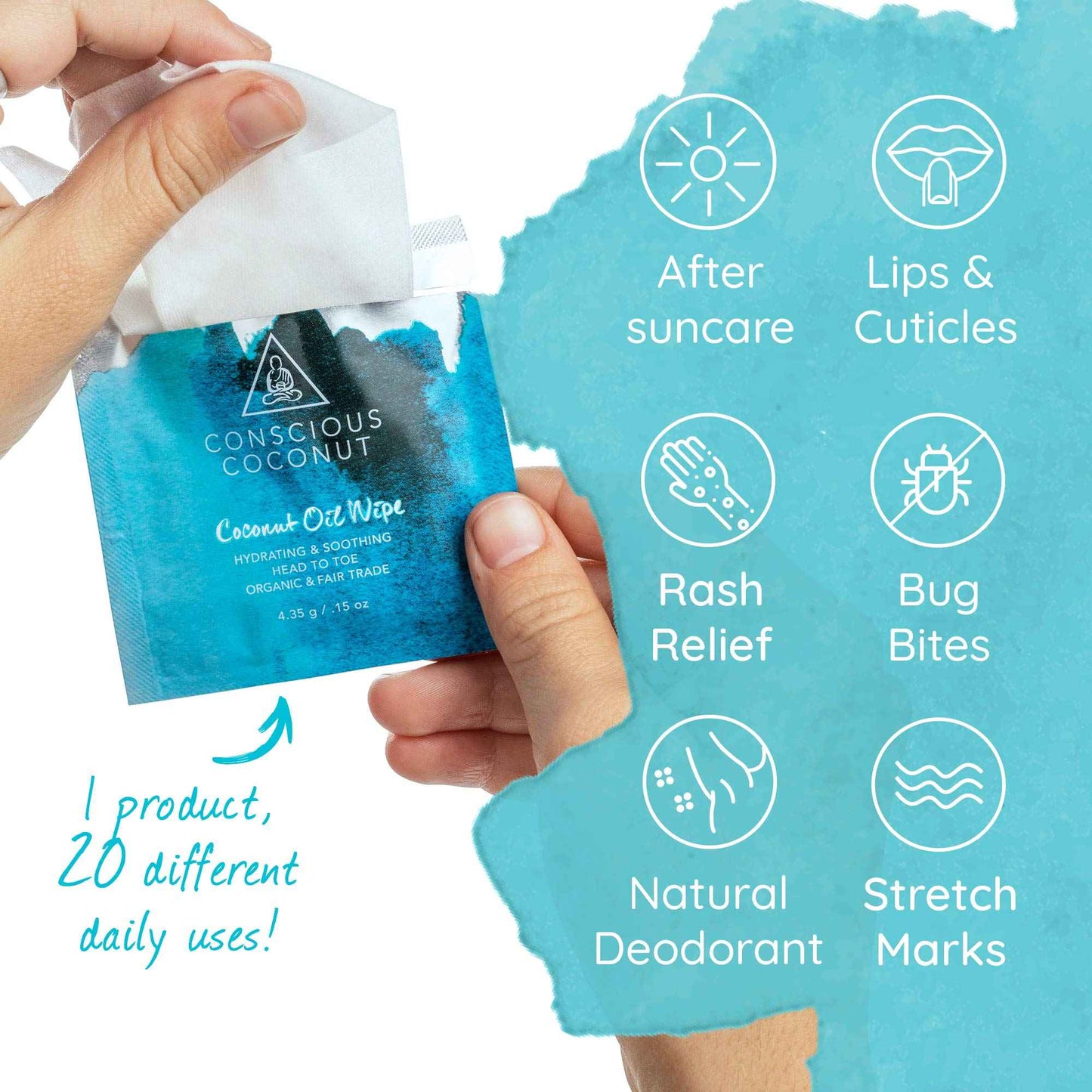 Conscious Coconut Individual Coconut Oil Wipes - For Face and Body - Soothing, Moisturizing, Sunburns, Makeup Remover, Cold-Pressed, Virgin Coconut Oil (25 Count)