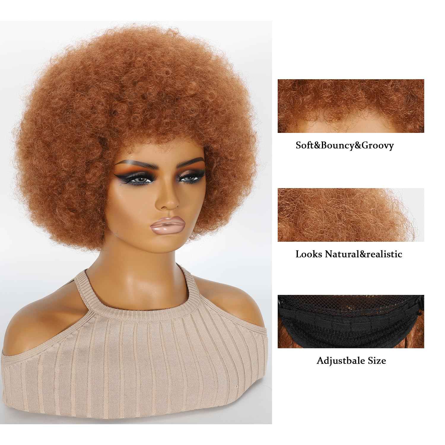 HOTJAR Afro Wigs for Black Women 70s Mixed Brown Afro Kinky Curly Wig Bouncy Huge Fluffy Puff Wigs Synthetic Hair for Cosplay Daily and Party (30#)