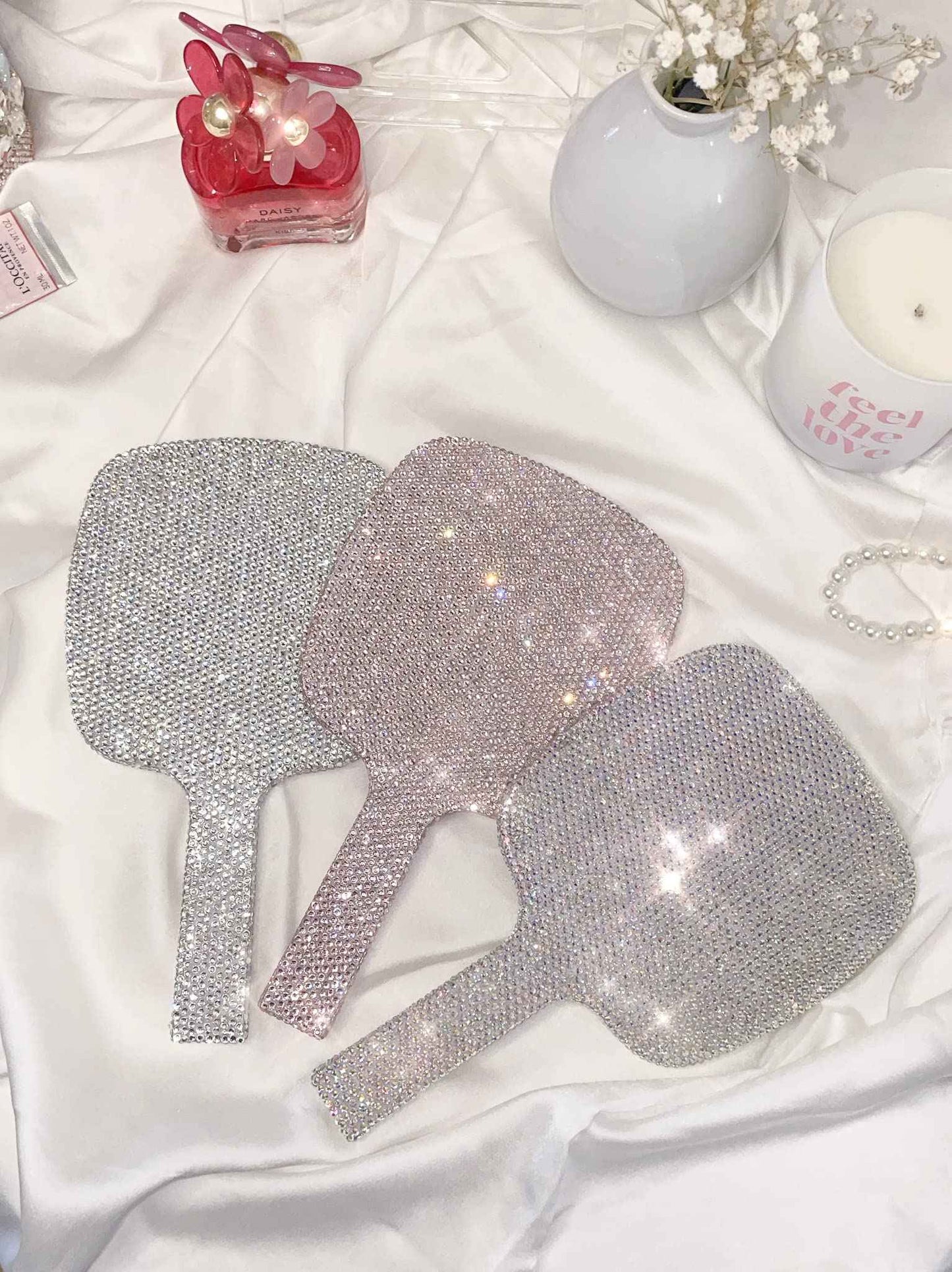 TISHAA Bling Handheld Makeup Mirror – Sparkly Crystal Rhinestone Compact Mirror for Women, Cute Portable Vanity Mirror for Travel, Purse, Gift for Her (White AB)