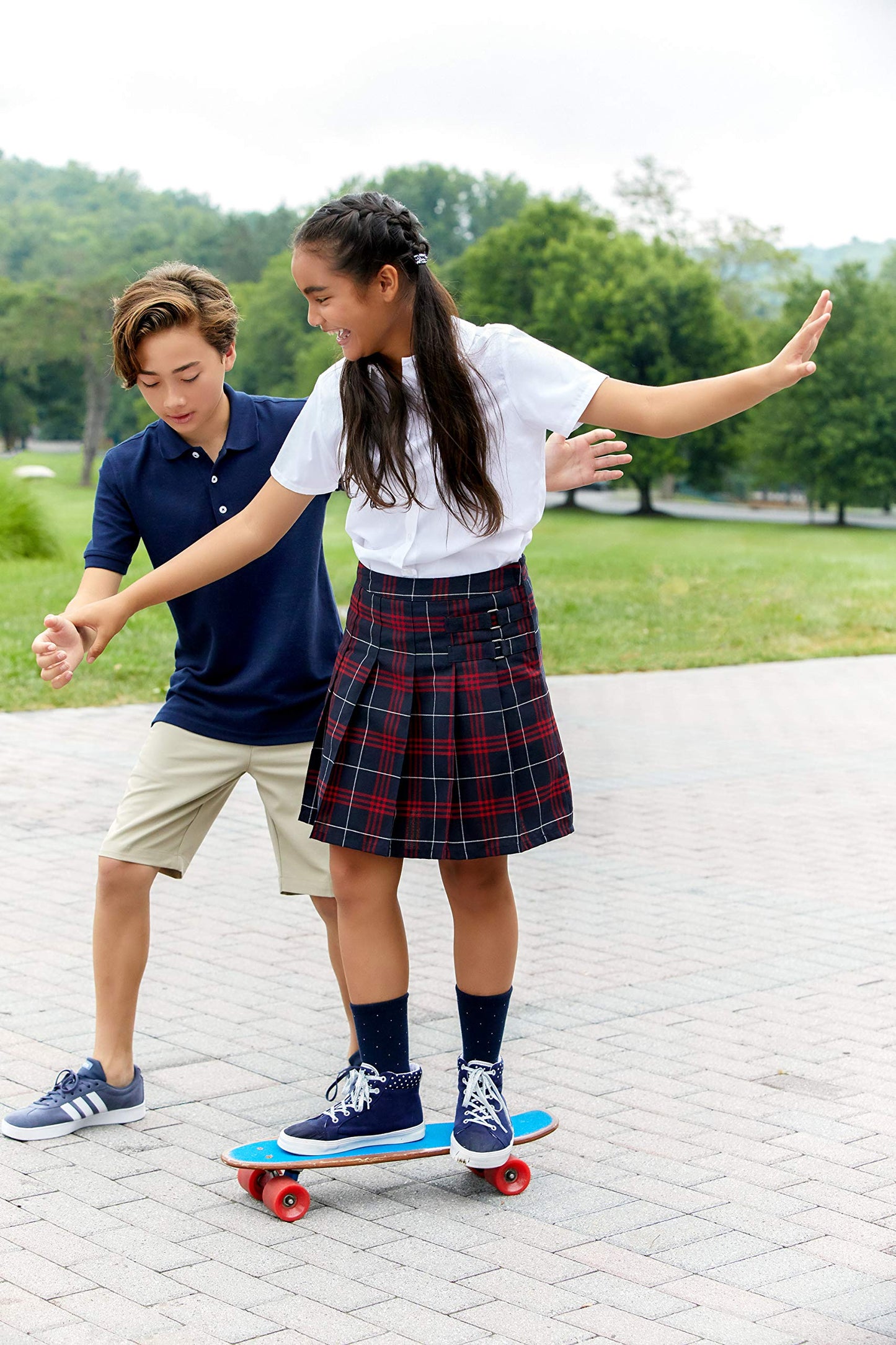 French Toast Girls' Plaid Two-Tab Scooter skirt, Navy Red Plaid, 4,Little Girls