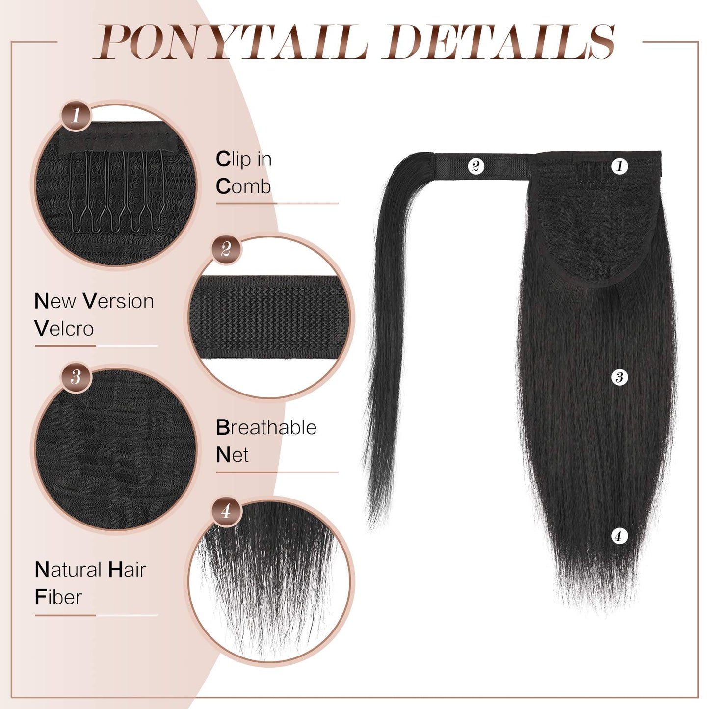 FESHFEN Straight Ponytail Extension 14 inch Natural Long Ponytails Wrap Around Clip in Pony Tail Hair Piece Synthetic Hairpieces for Women Girls, Black Brown