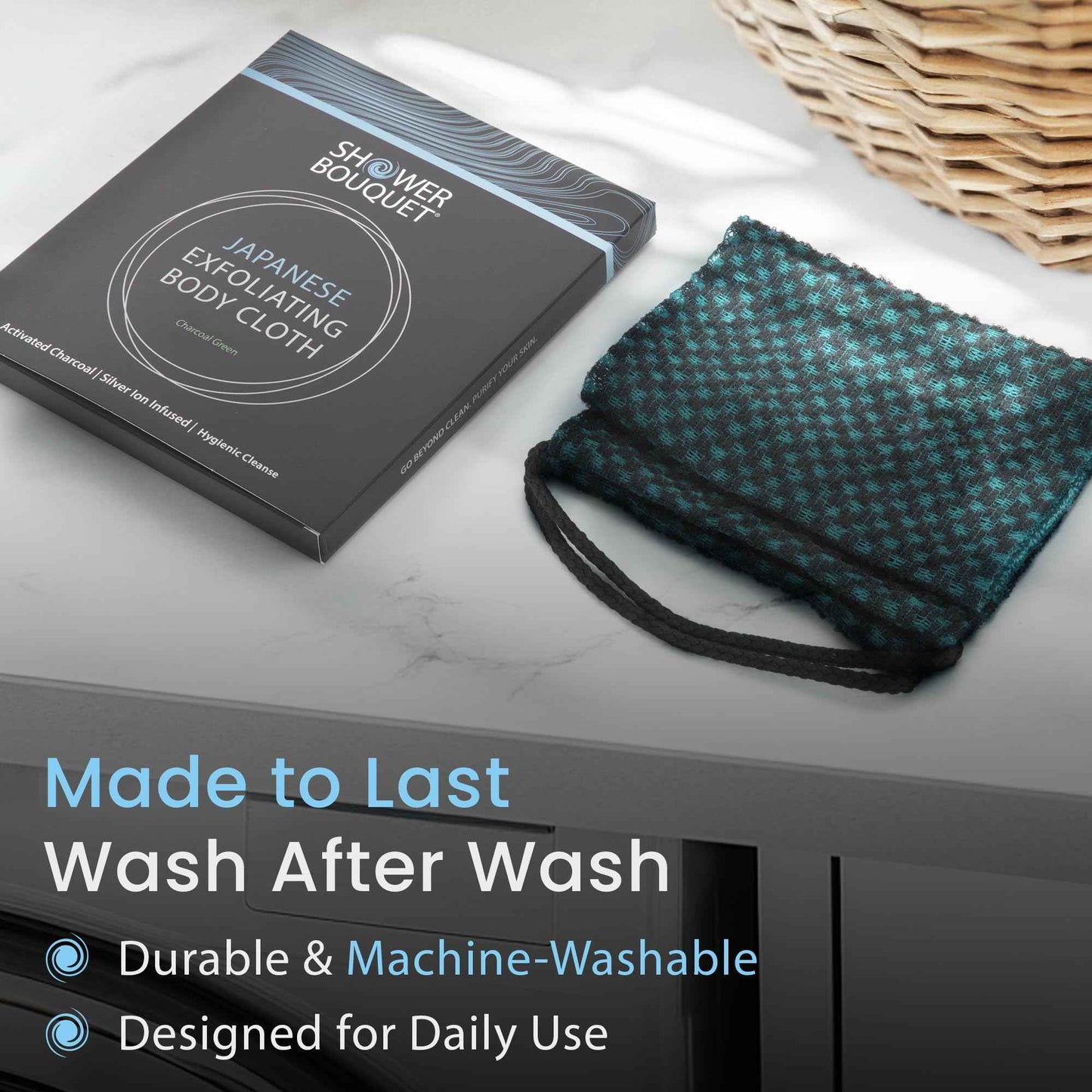 Japanese Exfoliating Washcloth for Back & Body 2-Pack - Charcoal & Silver Ion Exfoliating Towel with Handles - Two-Sided Gentle Exfoliation & Deep Cleanse Body Wash Cloths for Shower - 1 Blue, 1 Green