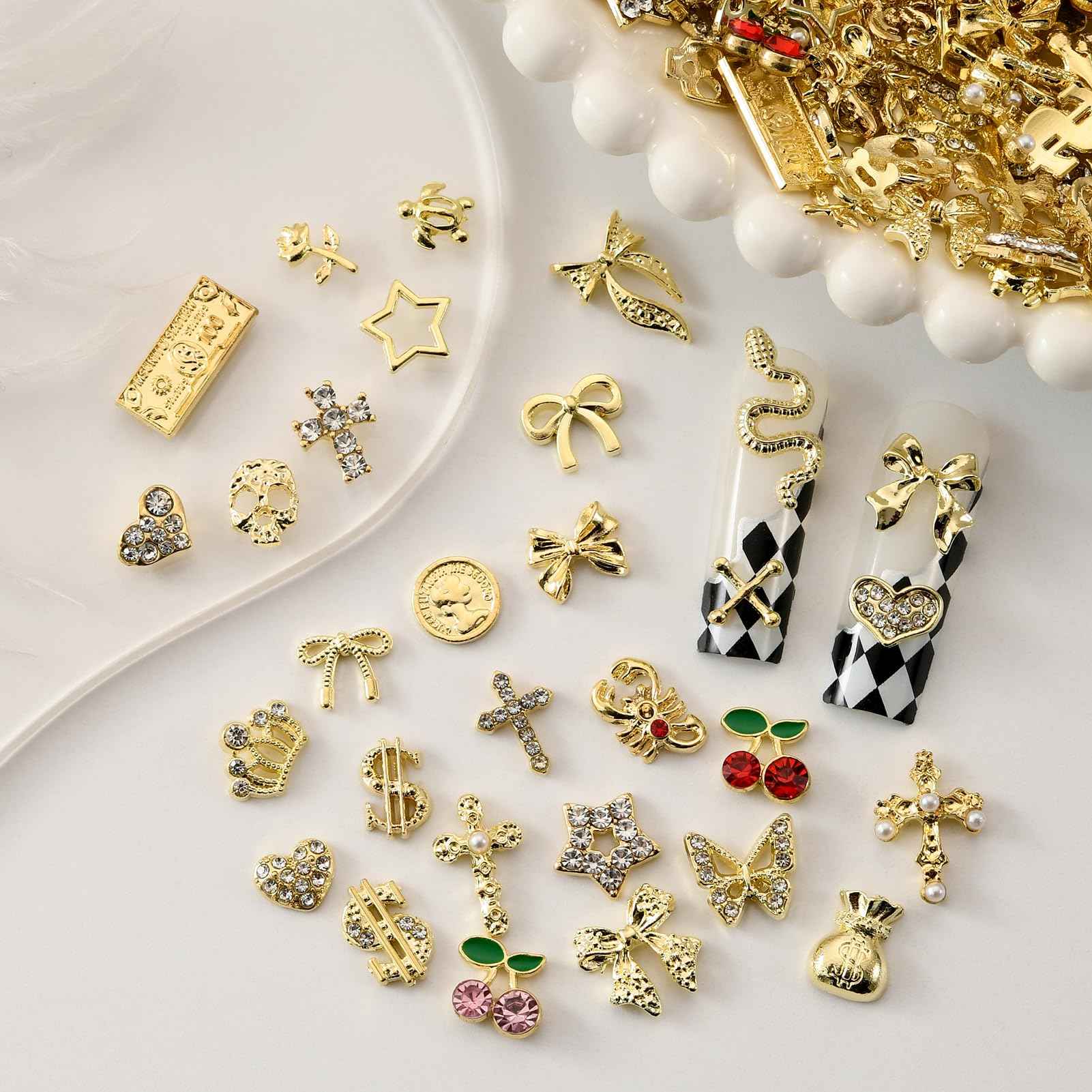 OPMADM 100Pcs Gold Nail Charms and Gems Charms for Nails Design Gold Charms for Nails Metal Bow Cherry Butterfly Cross Heart Star and Flowers