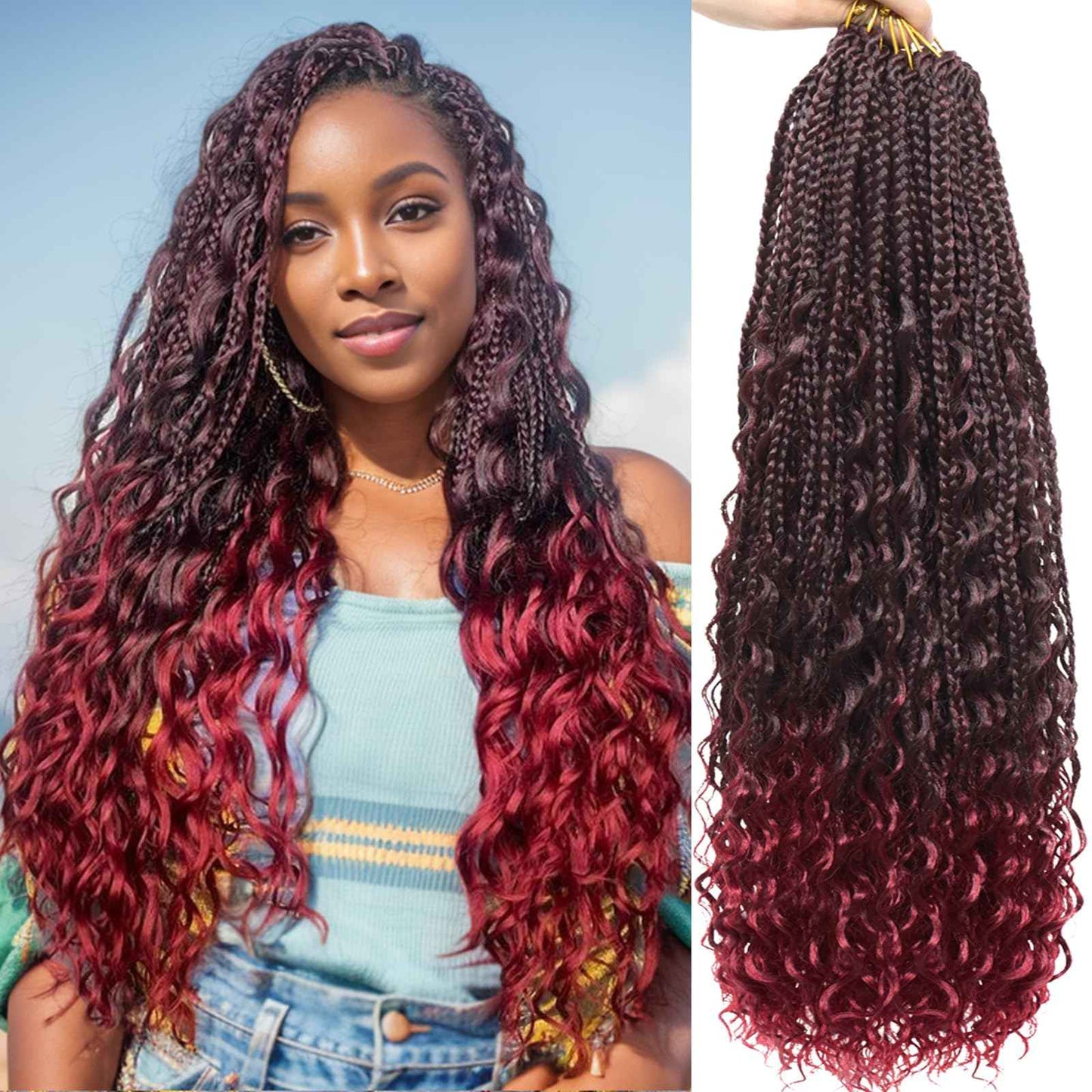 Eeanno Goddess Box Braids Crochet Hair 24 Inch 7 Packs Ombre Burgundy Boho Hair for Women Pre Looped Crochet Box Braids with Curly Ends, TIB/BUG