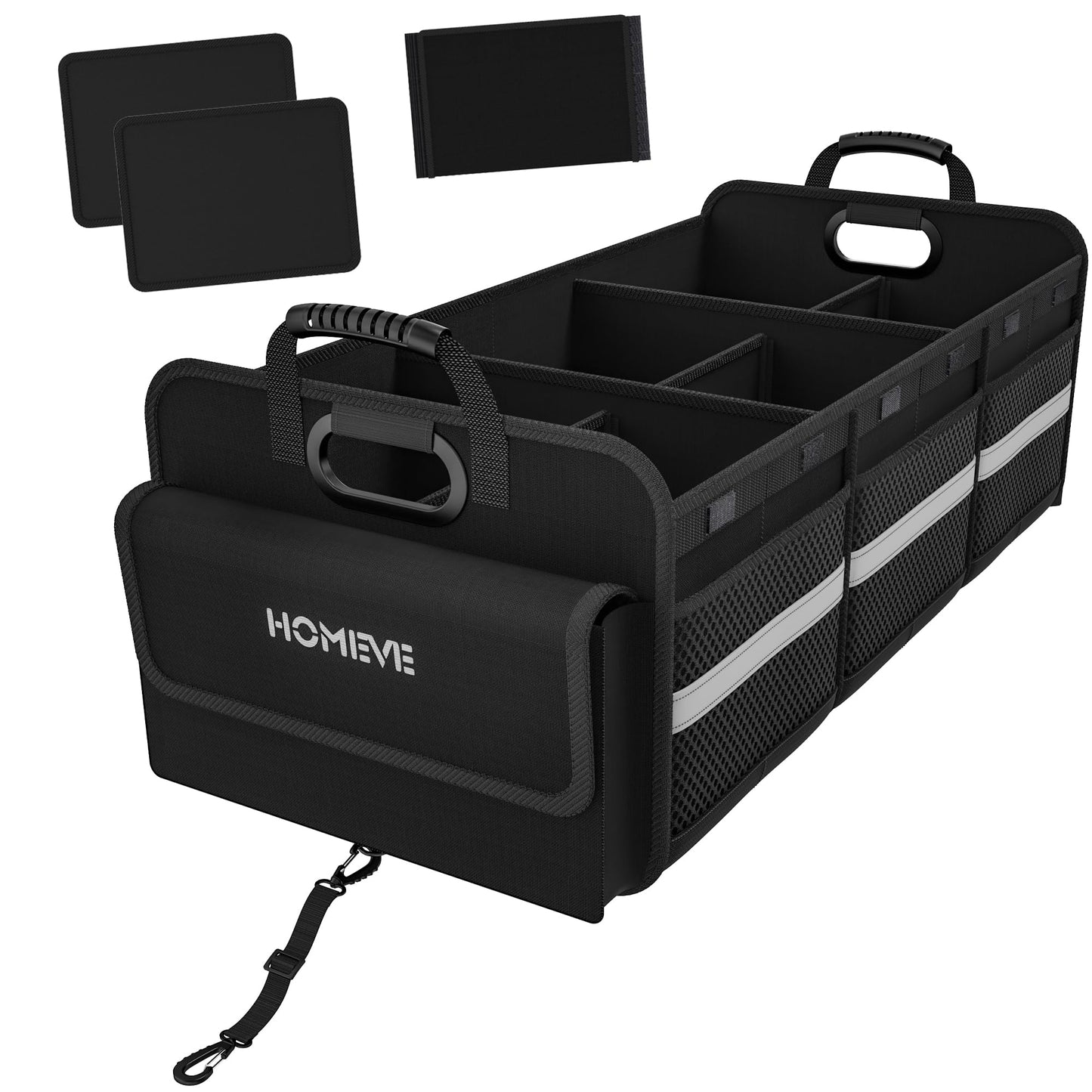 Homeve Trunk Organizer for Car, Collapsible Storage Box, Car Storage Organizer, 6 Compartment, Multi Pockets, Non Slip Strips, 2 Adjustable Securing Straps, Black