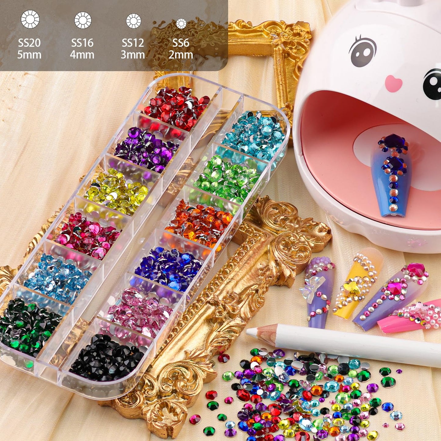 Rhinestones for Nails, Manicure Kit with Nail Rhinestone Glue Gel, 2-6mm Flatback Glass Crystal AB & Clear Gemstones and Colorful Resin Beads, Gem Glue for Nails (UV/LED Needed) with Dotting Tools