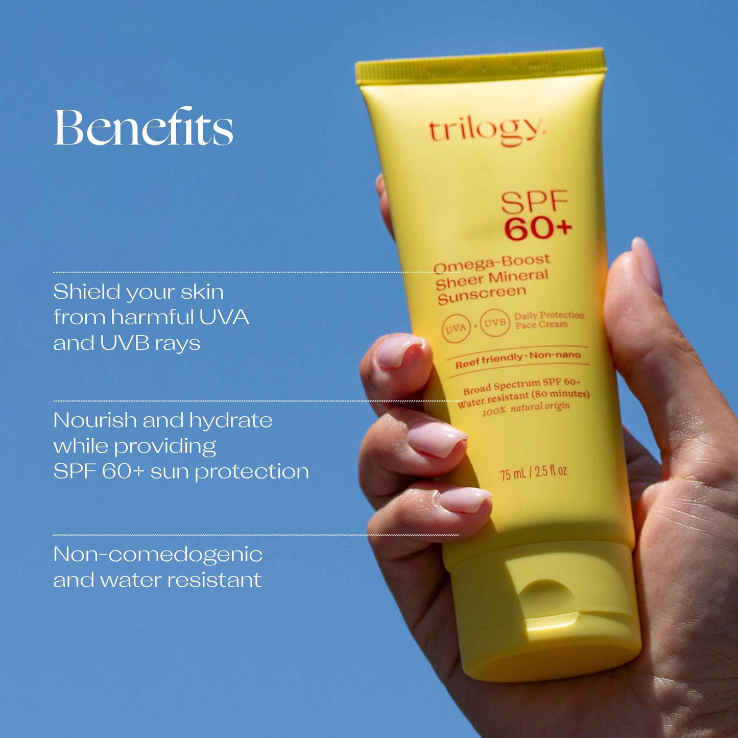 Trilogy SPF 60+ Omega-Boost Sunscreen, Natural, Broad Spectrum Protection for Daily Use with Rosehip Oil, 2.5 fl oz
