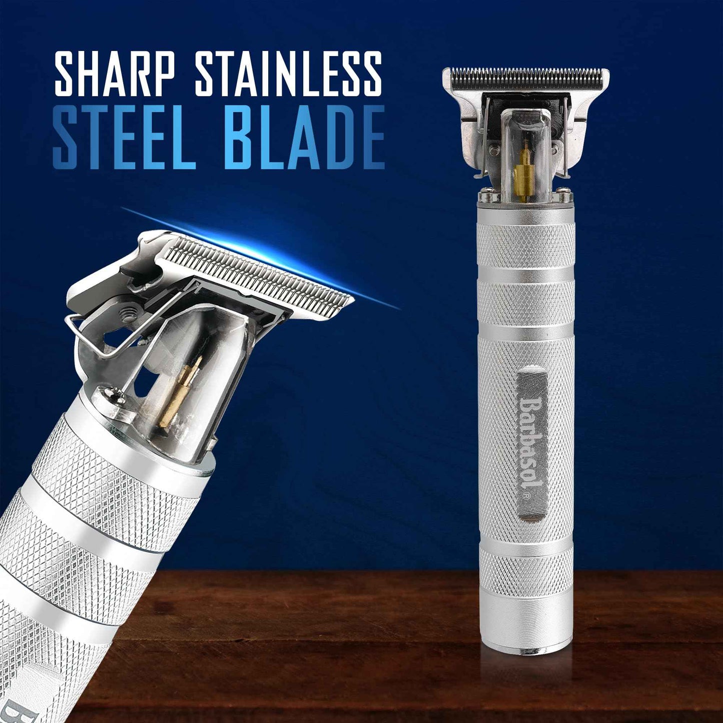Barbasol Stainless-Steel Rechargeable Zero-Gapped T-Blade Trimmer, Hanging Blade, 3 Guide Combs