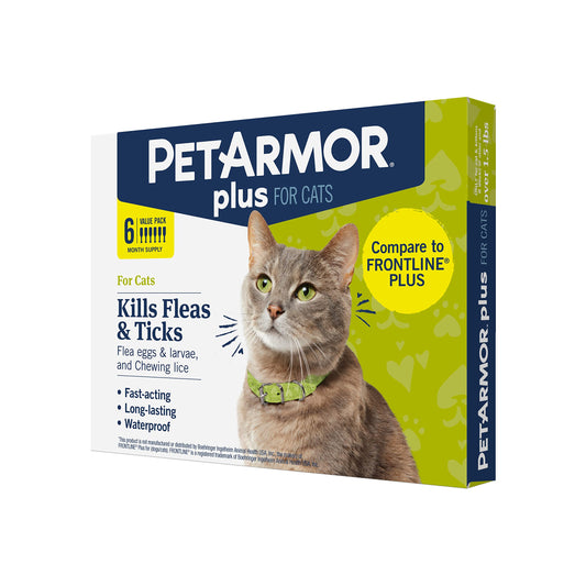 PetArmor Plus Flea and Tick Prevention for Cats, Cat Flea and Tick Treatment, 6 Doses, Waterproof Topical, Fast Acting, Cats Over 1.5 lbs