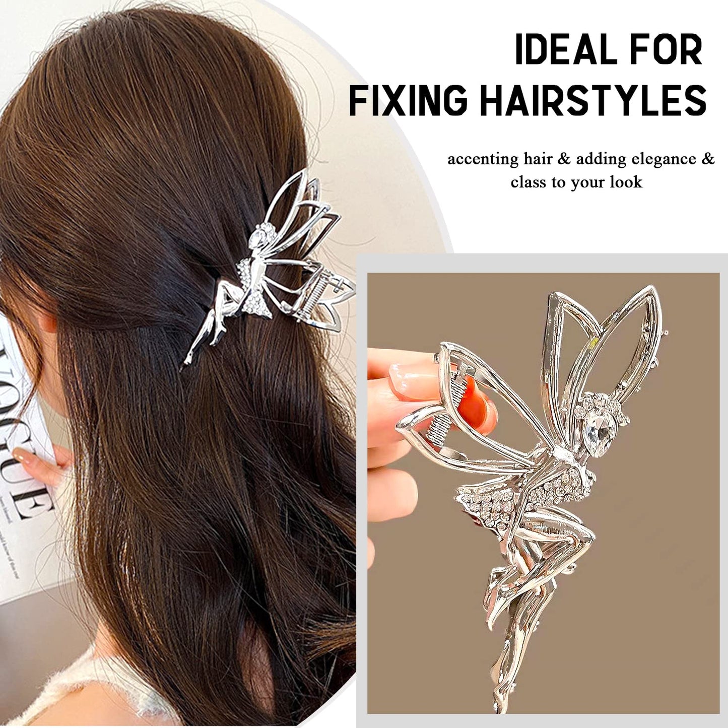 Metal Sliver Hair Claw Clips Spirit Hair Clips with Crystal Rhinestones Design Elf Shiny Large Hair Crab Clips Hair Barrette Exquisite Luxury Shark Clip Hair Accessories for Women Birthday Gift 1Pcs