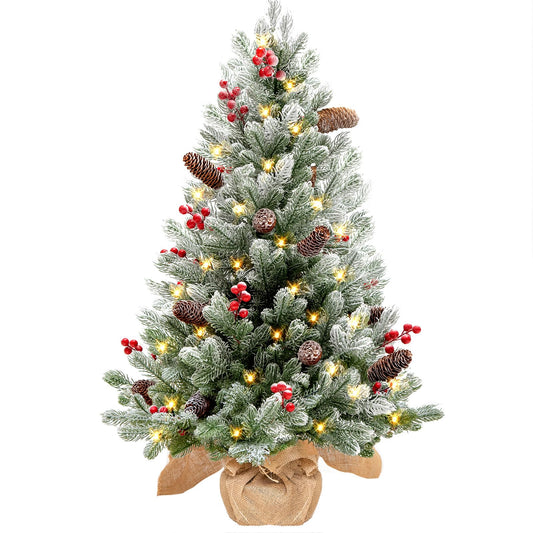 ENVEN 3FT Christmas Tree Realistic Feel Prelit Artificial Tabletop Decorations 70 Lights Timer Battery Operated Pine Cones Red Berries Christmas Indoor Home Decoration (Polyethylene)