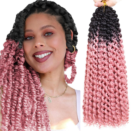 Xtrend 18 Inch Ombre Pink Passion Twist Hair Water Wave Crochet Braiding Hair 7 Packs Synthetic Hair Extensions Crochet Braids Hair(16Strands/Pack, Black/Pink#)