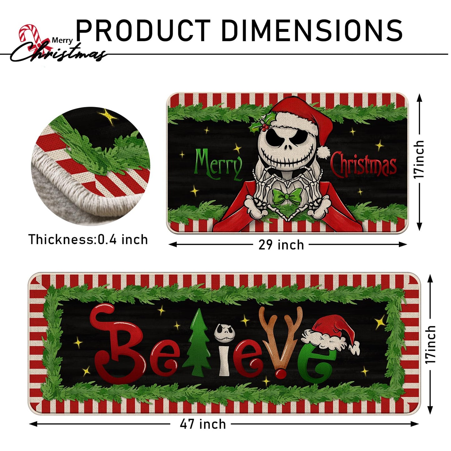 Tailus Merry Christmas Believe Kitchen Rugs Set of 2, Xmas Jack Skellington Kitchen Mats Decor, Funny Holiday Party Floor Door Mat Home Decorations -17x29 and 17x47 Inch