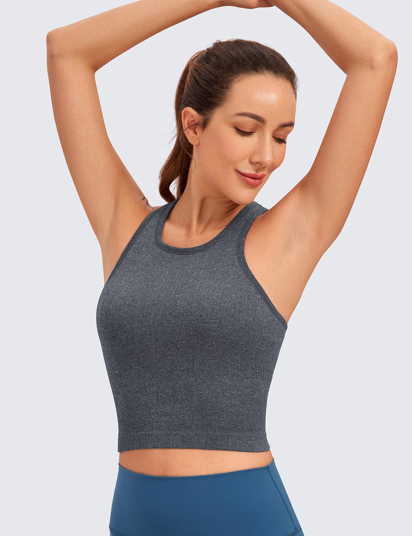 CRZ YOGA Womens Seamless Ribbed Longline High Neck Sports Bra - Racerback Padded Slim Fit Crop Tank Top with Built in Bra Light Gray Heather XX-Small