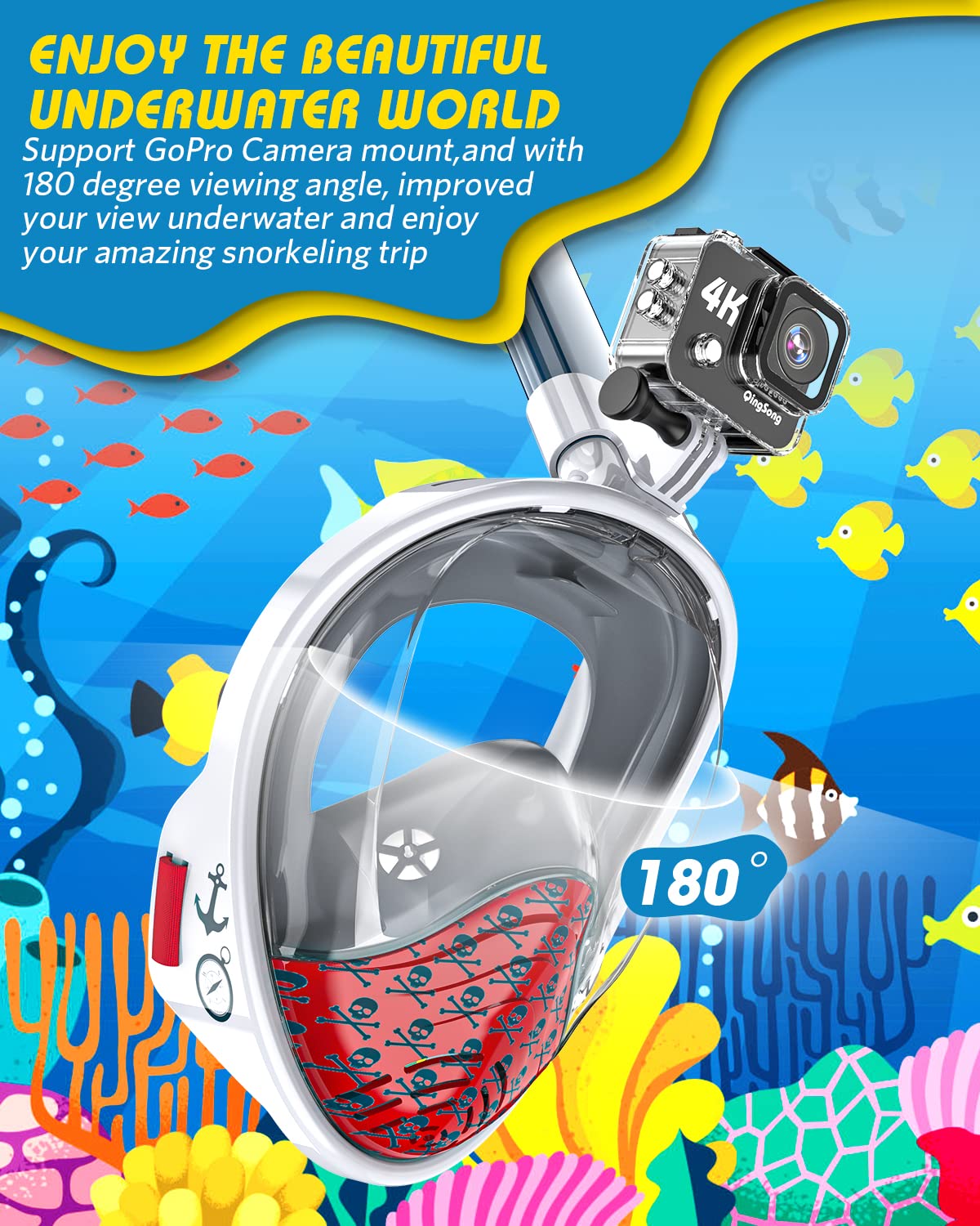 QingSong Kids Snorkel Mask Full Face, Snorkeling Set with Camera Mount, 180 Degree Panoramic View Snorkeling Gear Anti-Fog Anti-Leak