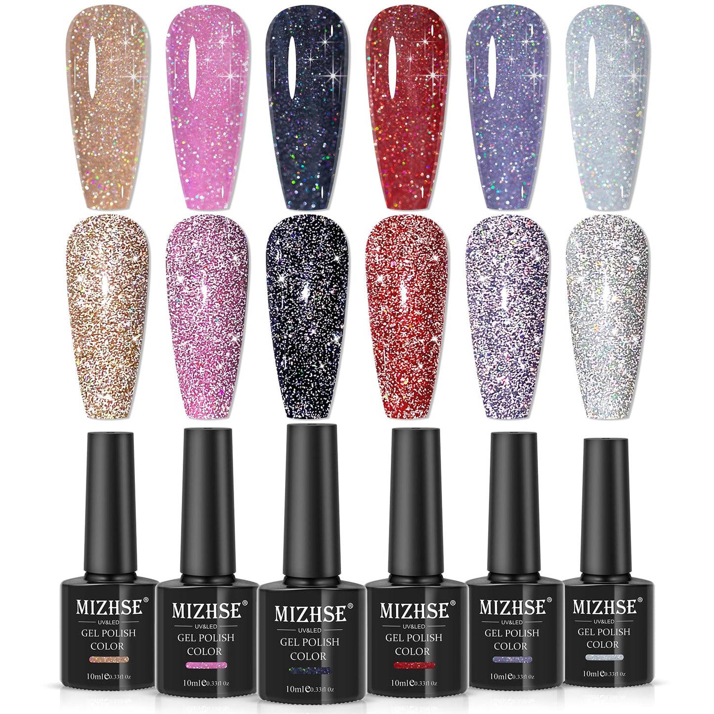 MIZHSE Reflective Glitter Gel Nail Polish, Holographic Glitter Gel Polish Set Sparkly Shiny Bling Nail Gel Soak Off UV/LED Gel Nail Art Manicure Kit