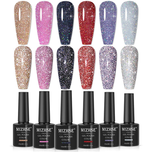 MIZHSE Reflective Glitter Gel Nail Polish, Holographic Glitter Gel Polish Set Sparkly Shiny Bling Nail Gel Soak Off UV/LED Gel Nail Art Manicure Kit