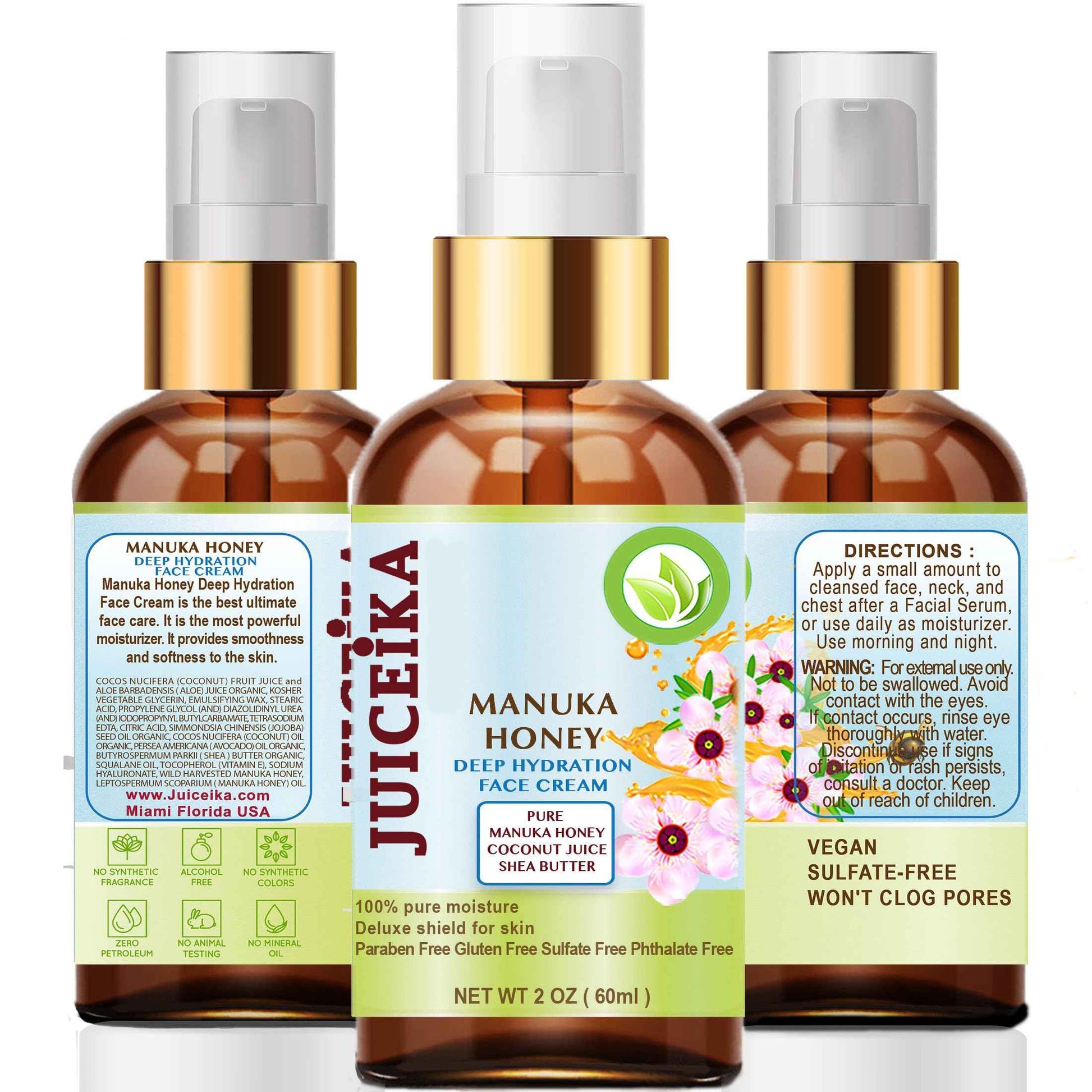 Juiceika MANUKA HONEY Deep Hydration Face Cream Face Moisturizer. Manuka Oil, Aloe Vera, Shea Butter, Coconut Oil, Jojoba Oil, Squalane, Hyaluronic Acid, Avocado Oil 2 Fl. oz. - 60 ml.