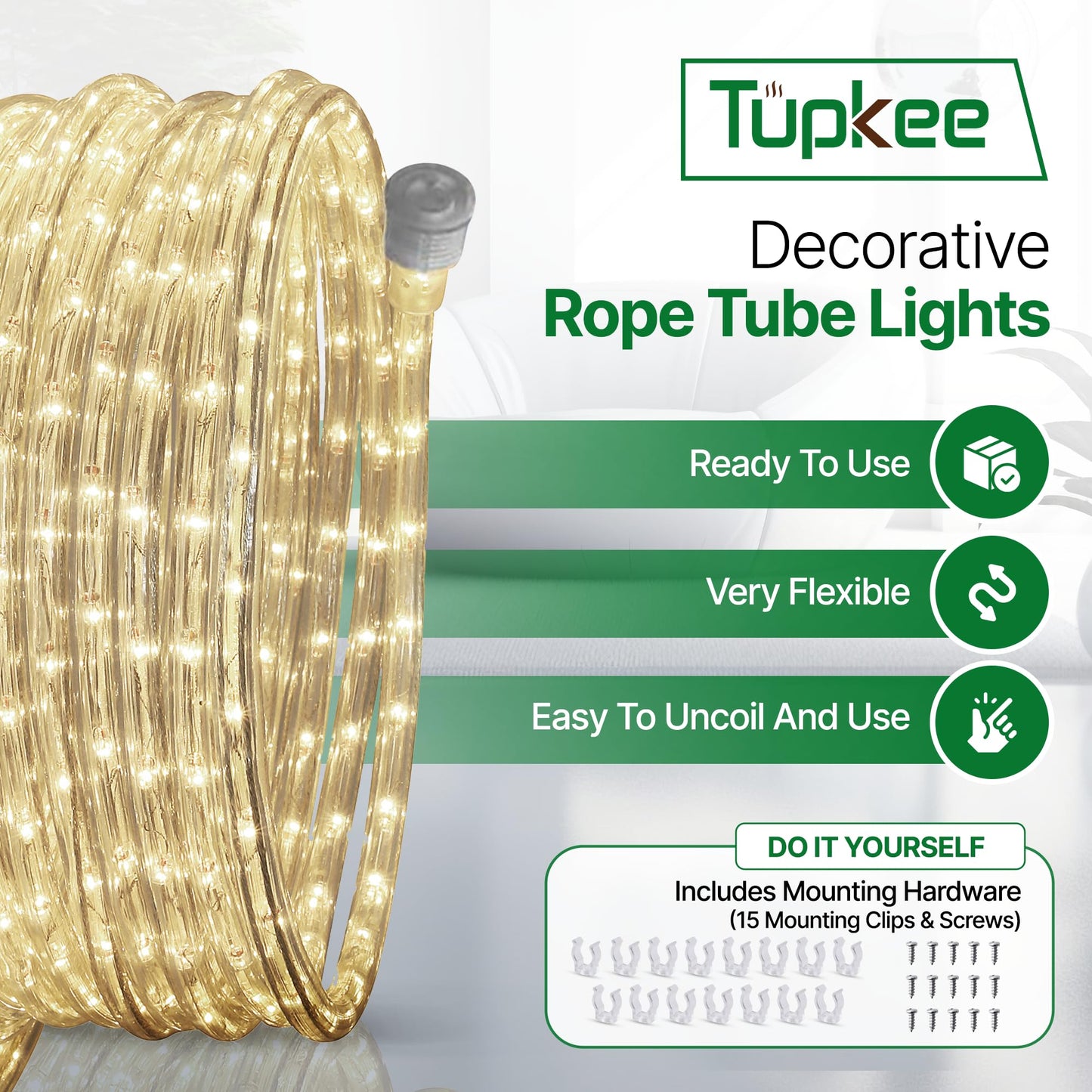 Tupkee LED Rope Light Warm-White - 24 Feet (7.3 m), for Indoor and Outdoor use - 10MM Diameter - 144 LED Long Life Bulbs Decorative Rope Tube Lights