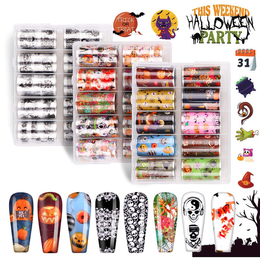 30 Rolls Halloween Nail Foil Transfer Stickers, Kalolary Nail Decals with Halloween Pumpkin Spider Vampires Devil Design Nail Art Accessories Halloween Nail Wraps for Girls Women DIY Nail Decoration