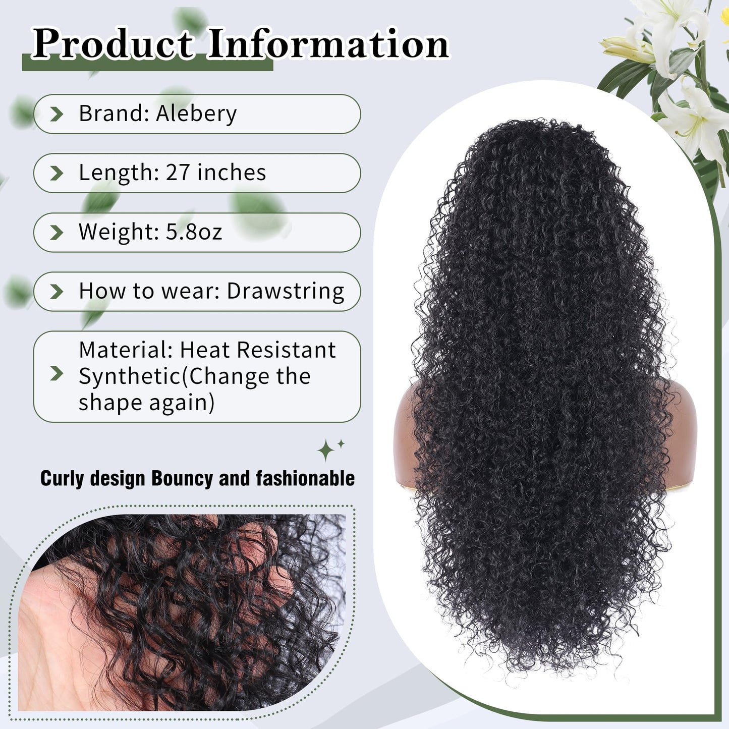 Alebery 27 Inch Drawstring Ponytail Extension for Black Women Deep Curly Ponytail Extension Synthetic Mixed with Human Hair Hairpieces Afro Kinky Curly Pony Tail for Daily Use (Black)