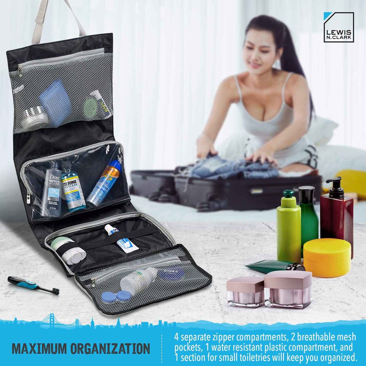 Lewis N. Clark Hanging Toiletry Bag for Travel Accessories, Shampoo, Cosmetics + Personal Items with Waterproof Compartment and Folding Design, Black