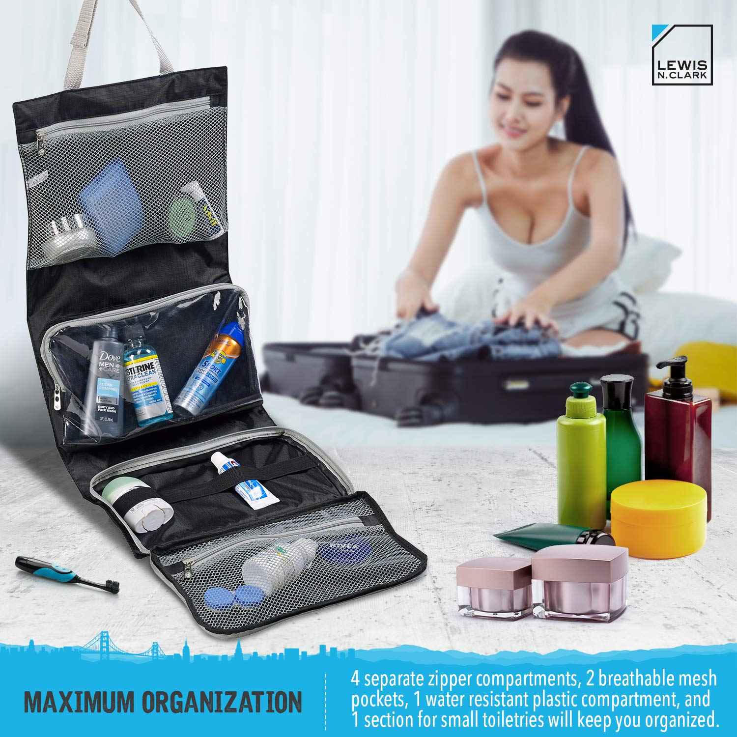 Lewis N. Clark Hanging Toiletry Bag for Travel Accessories, Shampoo, Cosmetics + Personal Items with Waterproof Compartment and Folding Design, Black