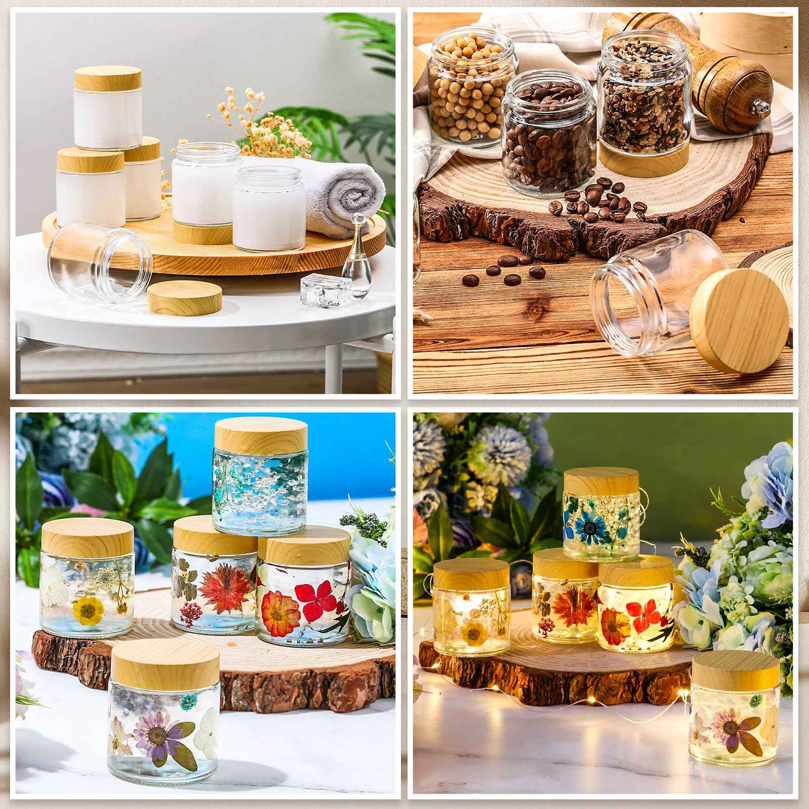 Norme 12 Pcs 4 oz Glass Jars with Lids Empty Small Glass Containers and Inner Liners Reusable Cosmetic Jars Round Airtight Bottles with Plastic Woodgrain Lids for Travel