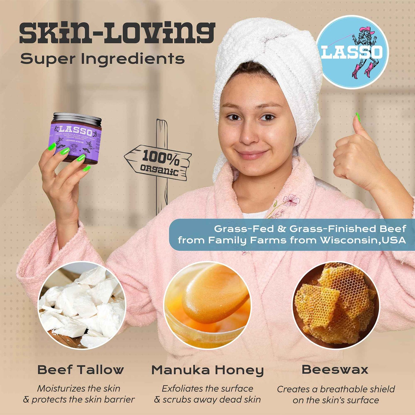 LASSO Beef Tallow Face Moisturizer with Grass-Fed/Finished Beef Tallow for Skin, Organic Manuka Honey and Beeswax, Unscented and Manuka Honey Balm