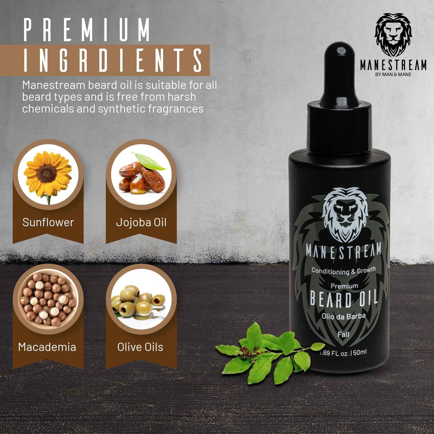 MAN & MANE Manestream Beard Oil for Men, Beard Growth Oil, Hair Growth Oil with Jojoba, Macadamia, Sunflower, Olive Oils - 50ml (Fall (Sandalwood))