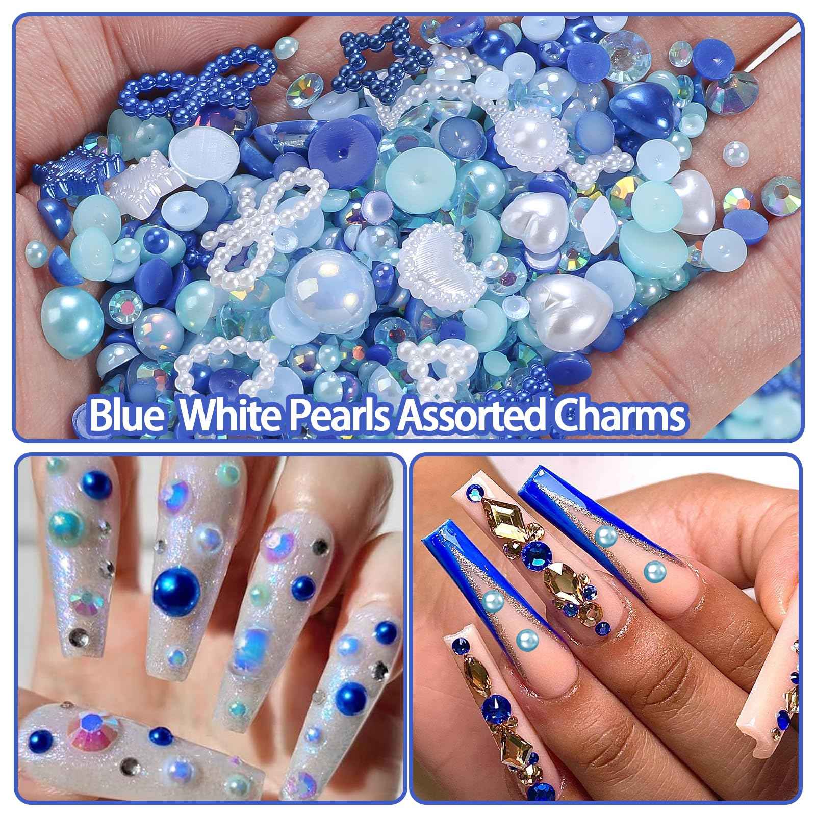 50g Blue Color Flatback Rhinestones Pearls for Bedazzling, 3-8mm Flatback Rhinestone Gems, 2-10mm Pearls Beads, Moon Star Heart Bowknots Pearl Nail Charms for Crafts DIY Clothes Tumblers