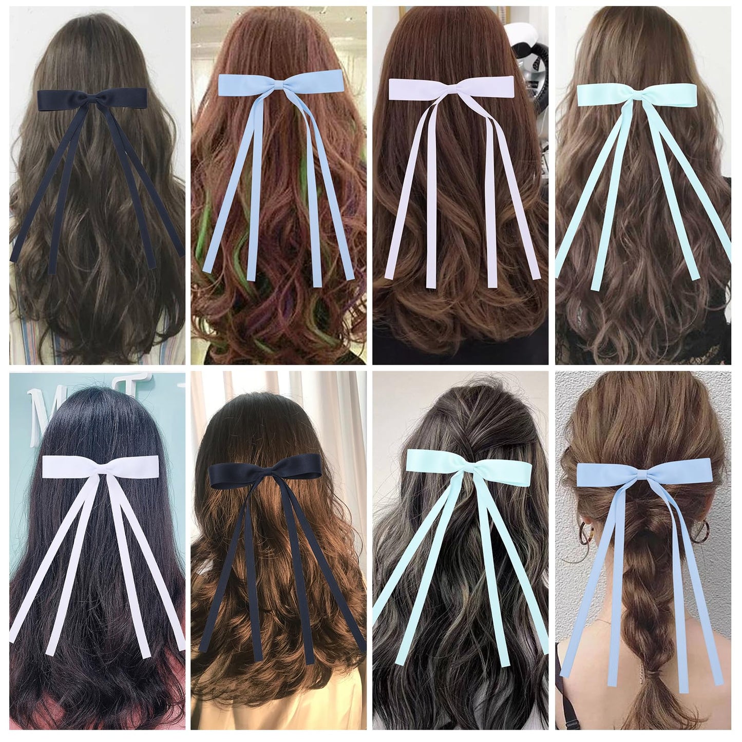 WORTL Hair Bows with Long Tails, Clips, and Barrettes for Women's Accessories (White, Blue, Navy Blue, Light Green)