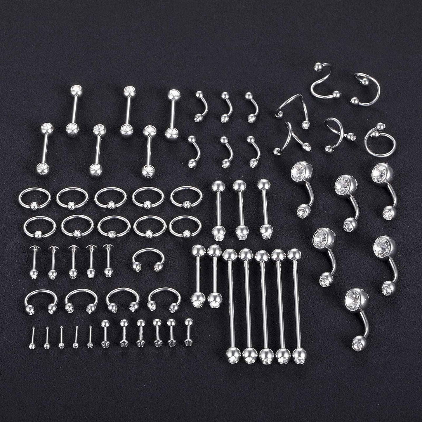 Oveta 100PCS Piercing Kit Stainless Steel 14G 16G 20G Nose Studs Lip Tongue Trague Cartilage Helix Daith Eyebrow Belly Button Ring Body Piercing Jewelry