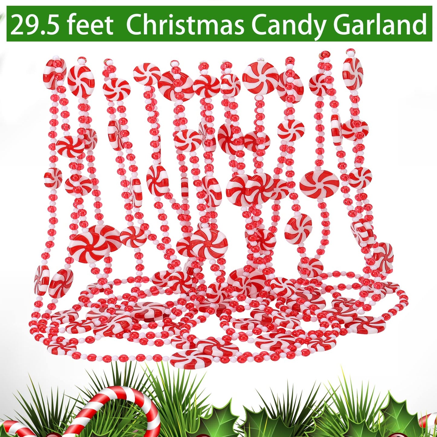 29.5 feet Christmas Candy Garland Christmas Tree Garland Plastic Christmas Bead Garland Xmas Holiday Candy Cane Decor for Christmas Tree Wreaths Fence Fireplace Decorations